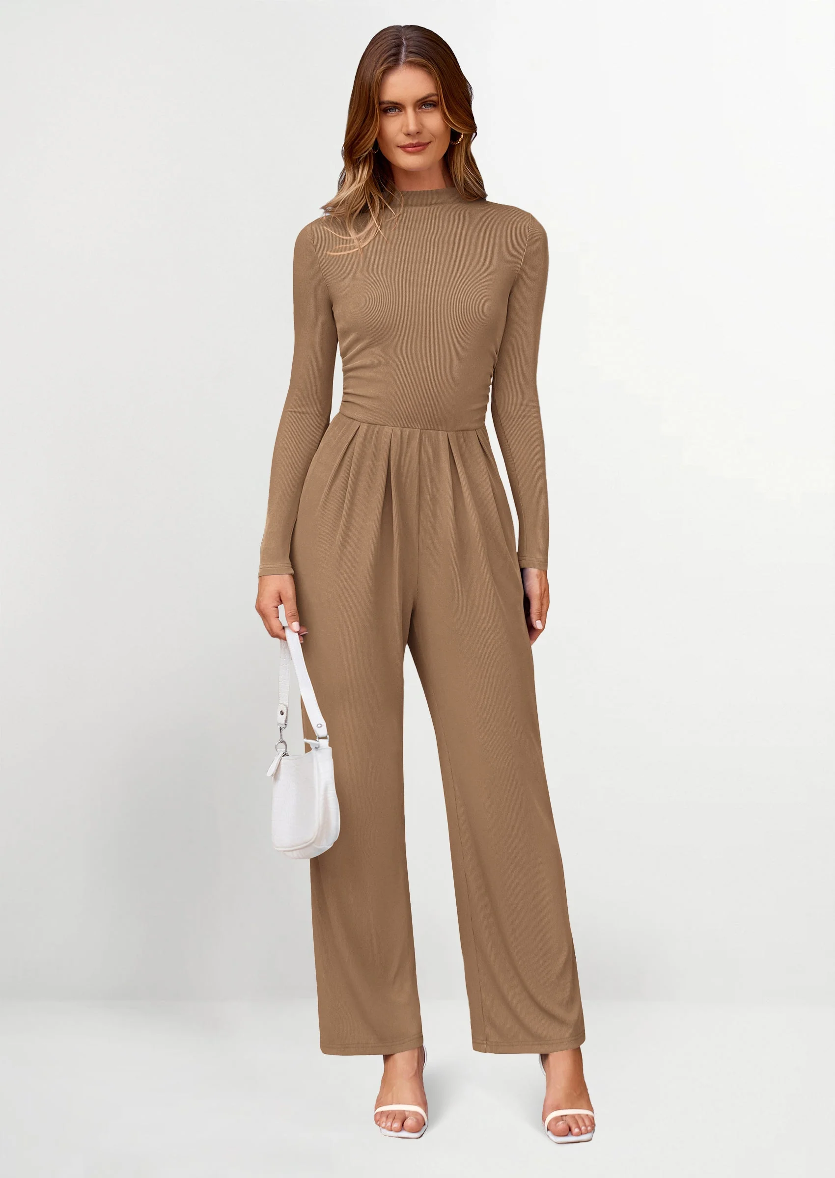 PRETTYGARDEN Dressy Casual Fashion Outfits Long Sleeve Mock Neck Wide Leg Pants Rompers - Image 61