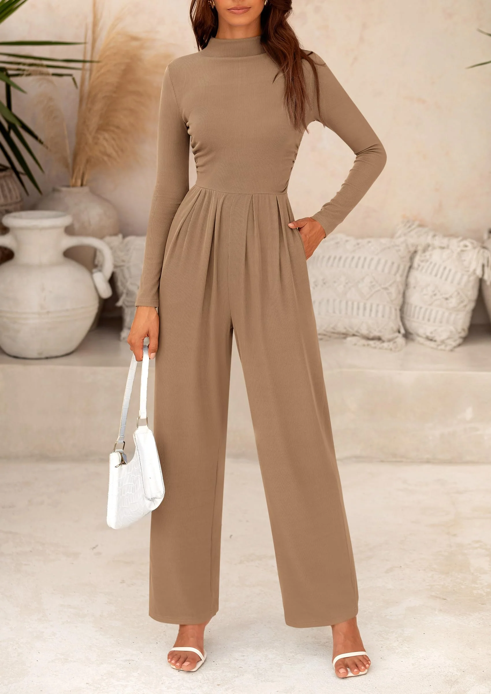 PRETTYGARDEN Dressy Casual Fashion Outfits Long Sleeve Mock Neck Wide Leg Pants Rompers - Image 63