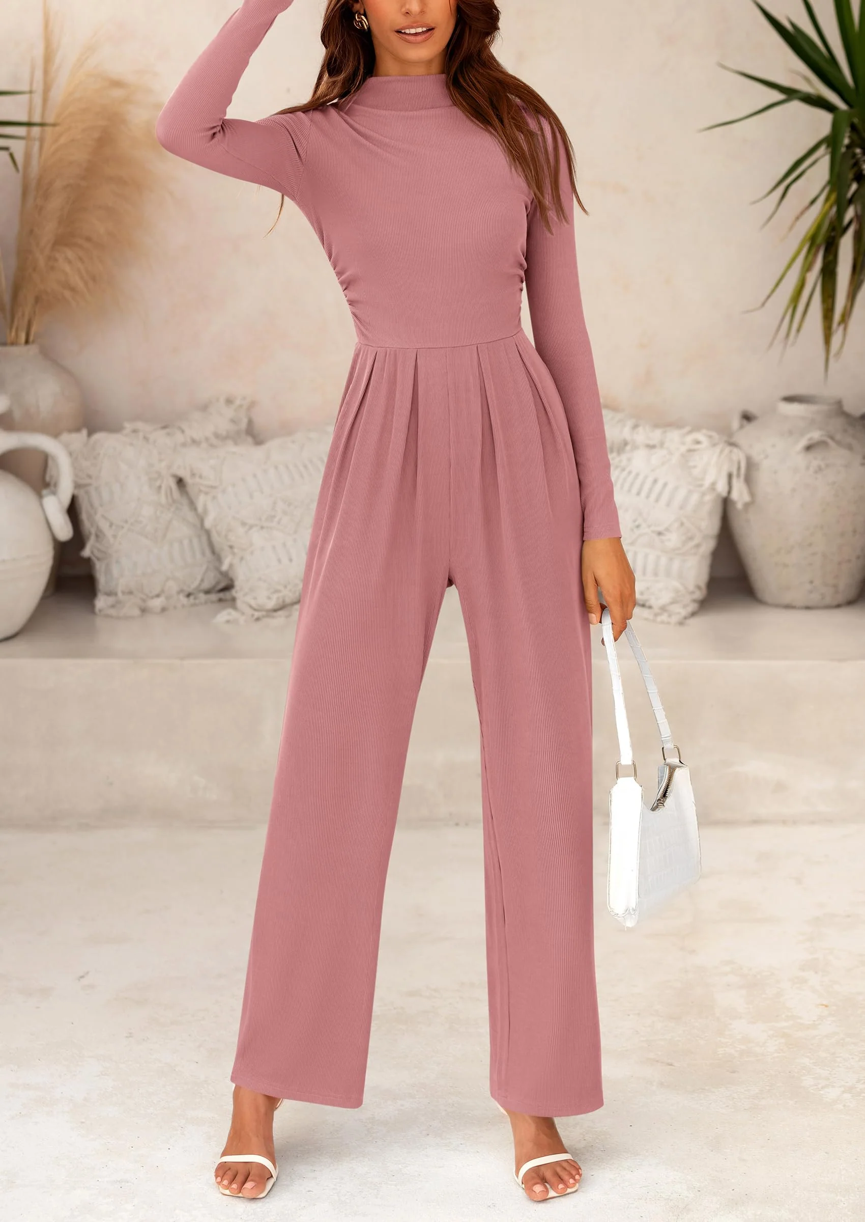 PRETTYGARDEN Dressy Casual Fashion Outfits Long Sleeve Mock Neck Wide Leg Pants Rompers - Image 7