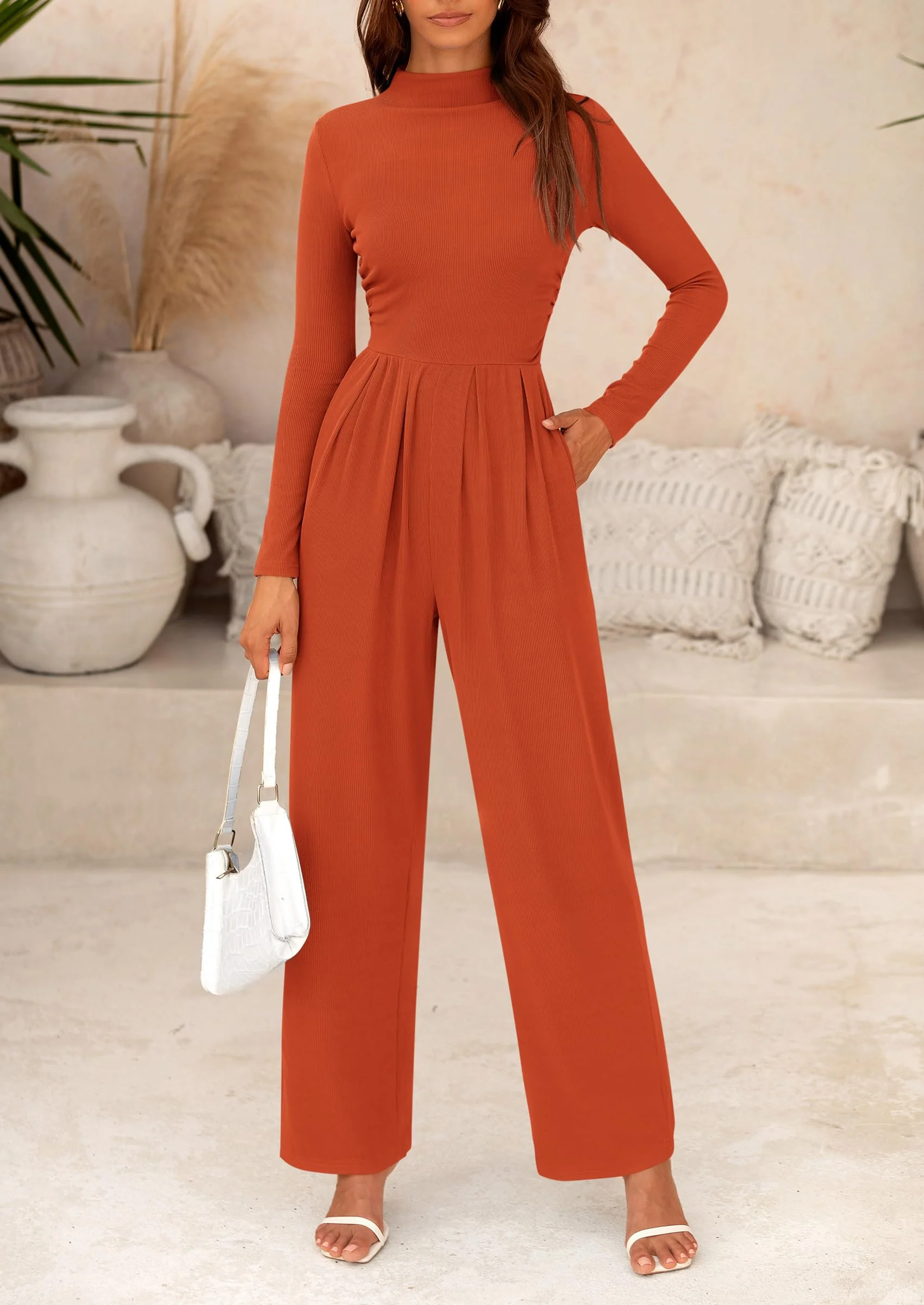 PRETTYGARDEN Dressy Casual Fashion Outfits Long Sleeve Mock Neck Wide Leg Pants Rompers - Image 71