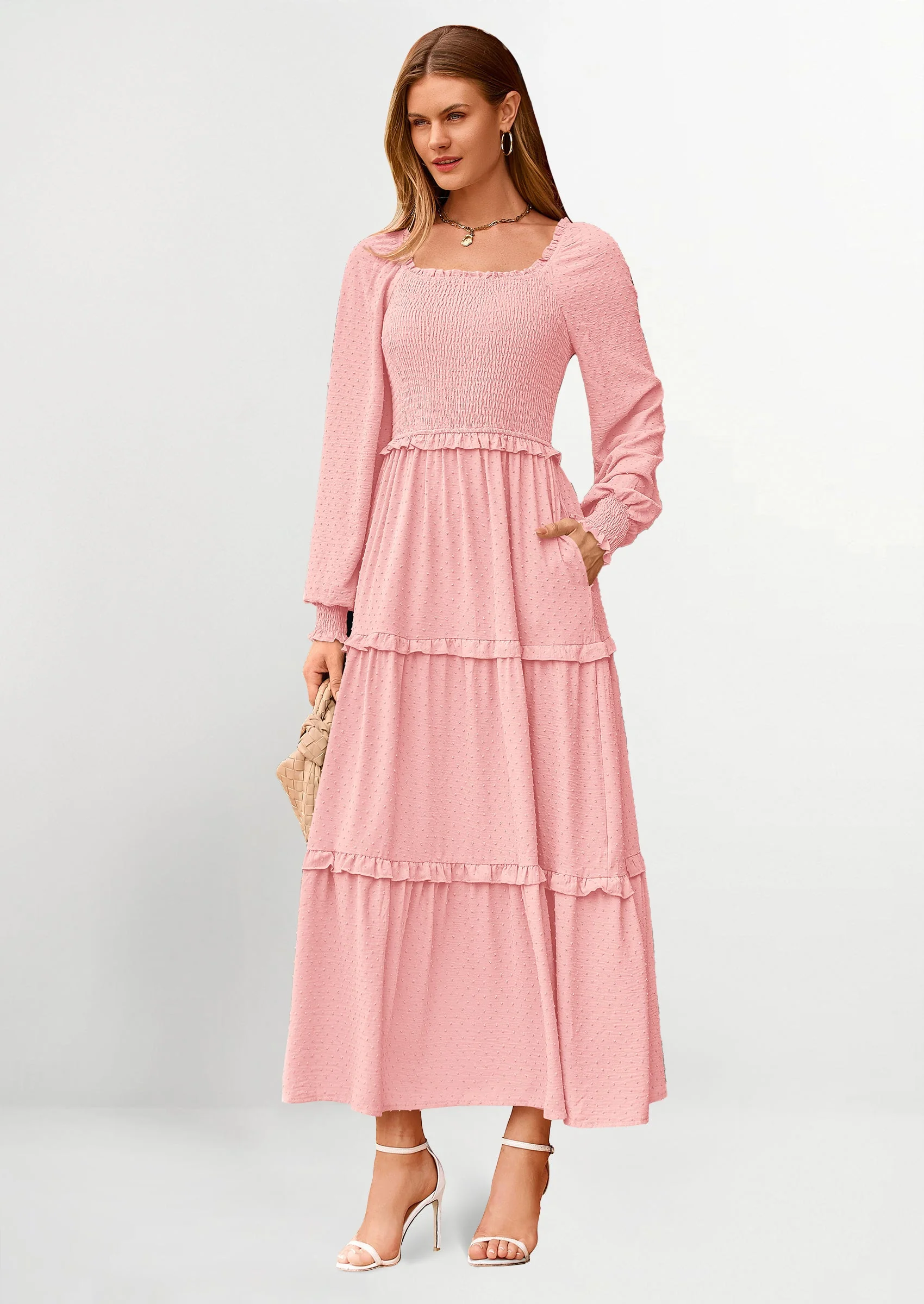 PRETTYGARDEN Women Fall Long Sleeve Smocked Maxi Dress Casual Square Neck Swiss Dot Tiered Ruffle Flowy Spring Pocket Dresses - Image 10