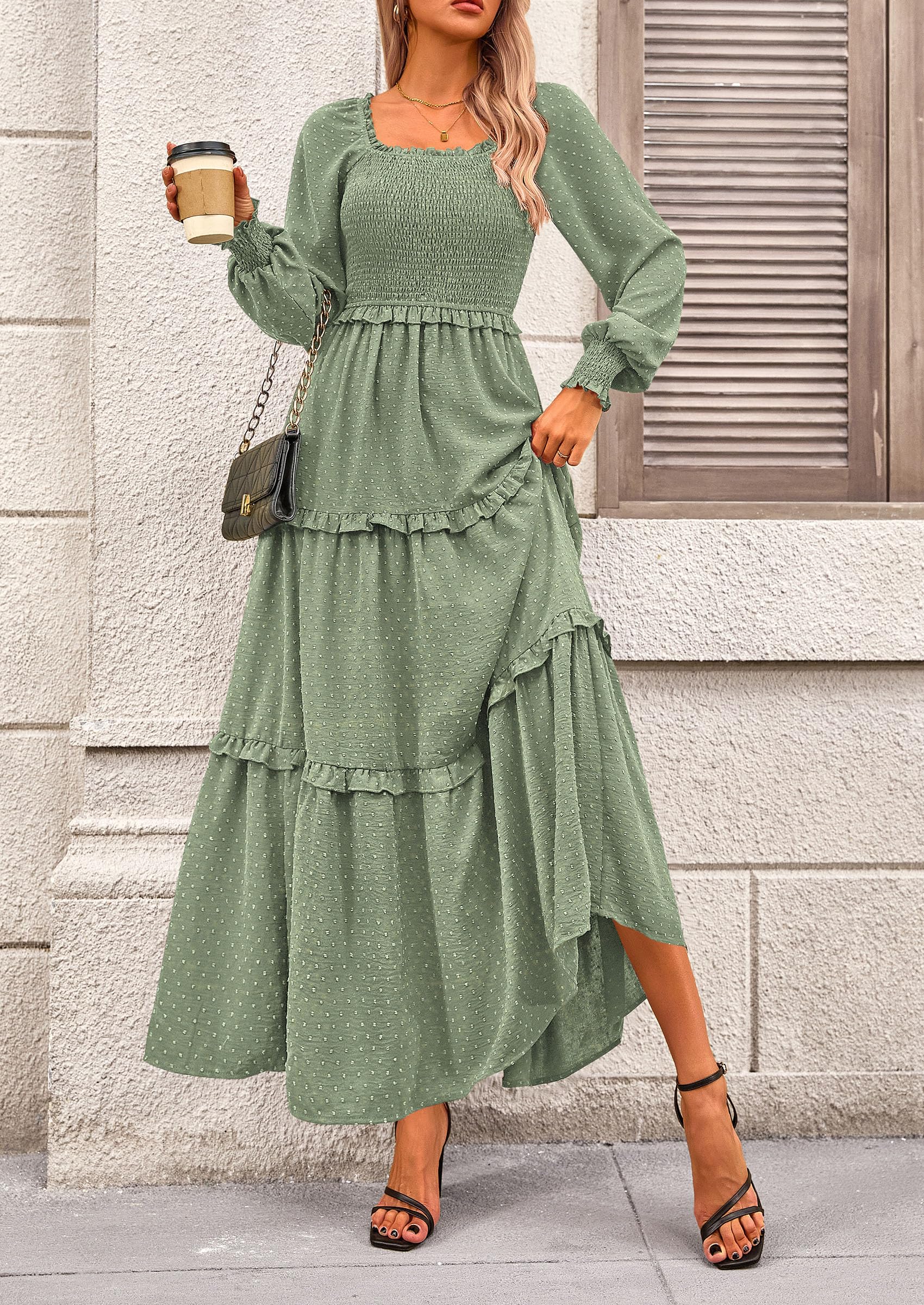 PRETTYGARDEN Women Fall Long Sleeve Smocked Maxi Dress Casual Square Neck Swiss Dot Tiered Ruffle Flowy Spring Pocket Dresses - Image 101