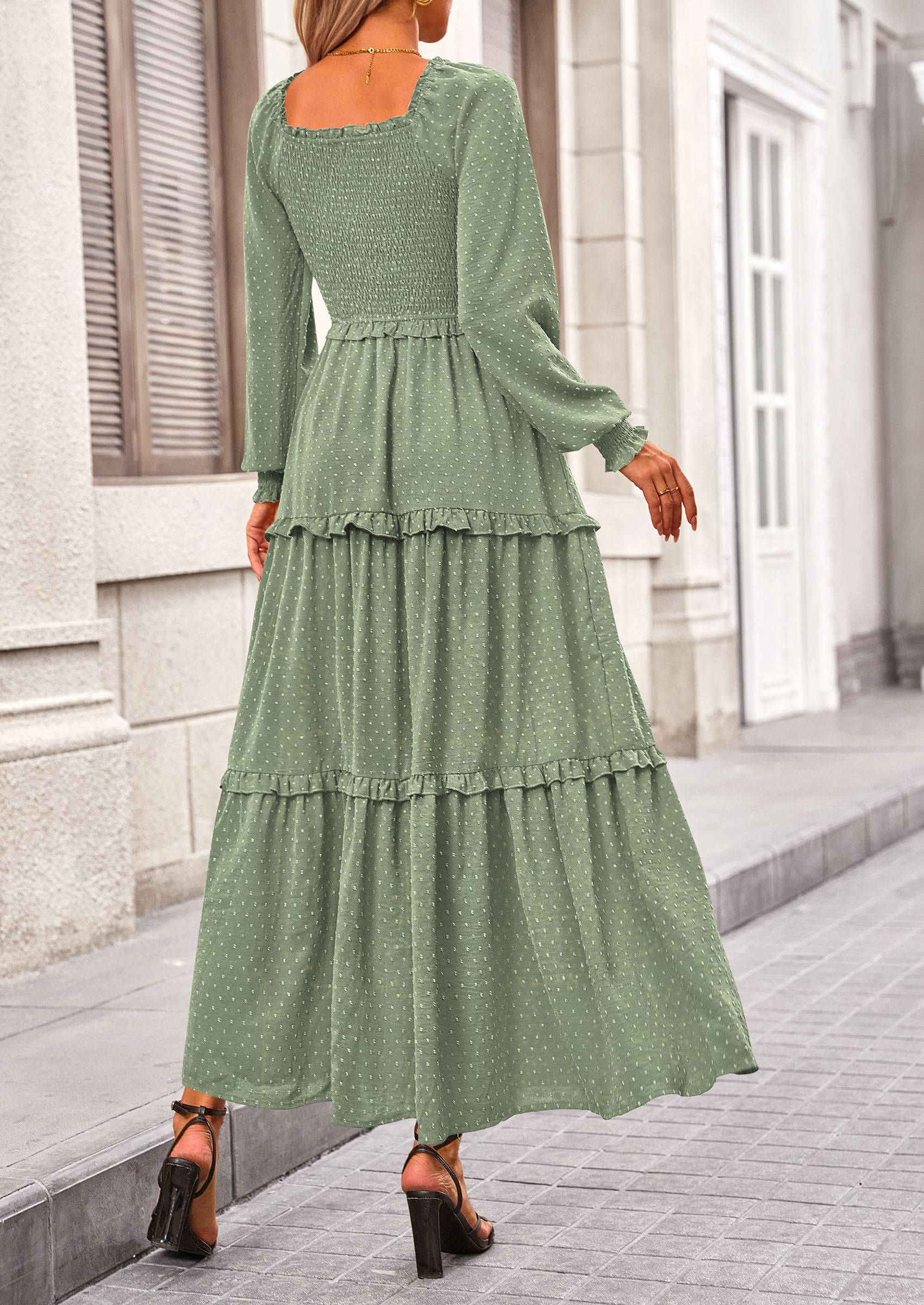 PRETTYGARDEN Women Fall Long Sleeve Smocked Maxi Dress Casual Square Neck Swiss Dot Tiered Ruffle Flowy Spring Pocket Dresses - Image 102