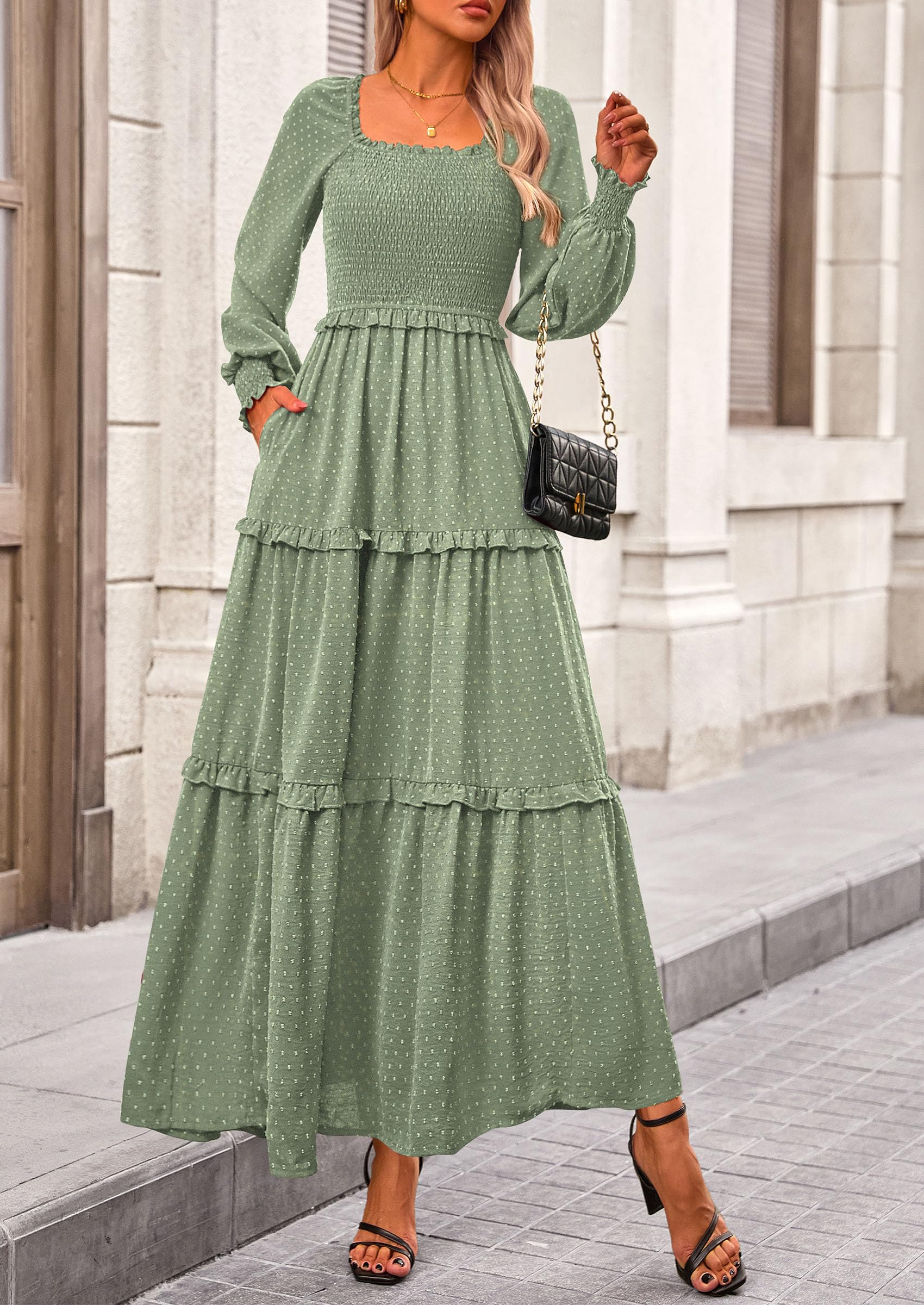 PRETTYGARDEN Women Fall Long Sleeve Smocked Maxi Dress Casual Square Neck Swiss Dot Tiered Ruffle Flowy Spring Pocket Dresses - Image 105