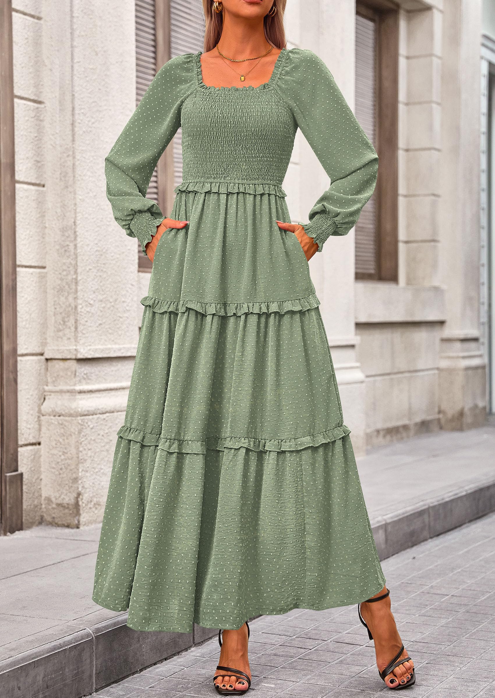 PRETTYGARDEN Women Fall Long Sleeve Smocked Maxi Dress Casual Square Neck Swiss Dot Tiered Ruffle Flowy Spring Pocket Dresses - Image 107