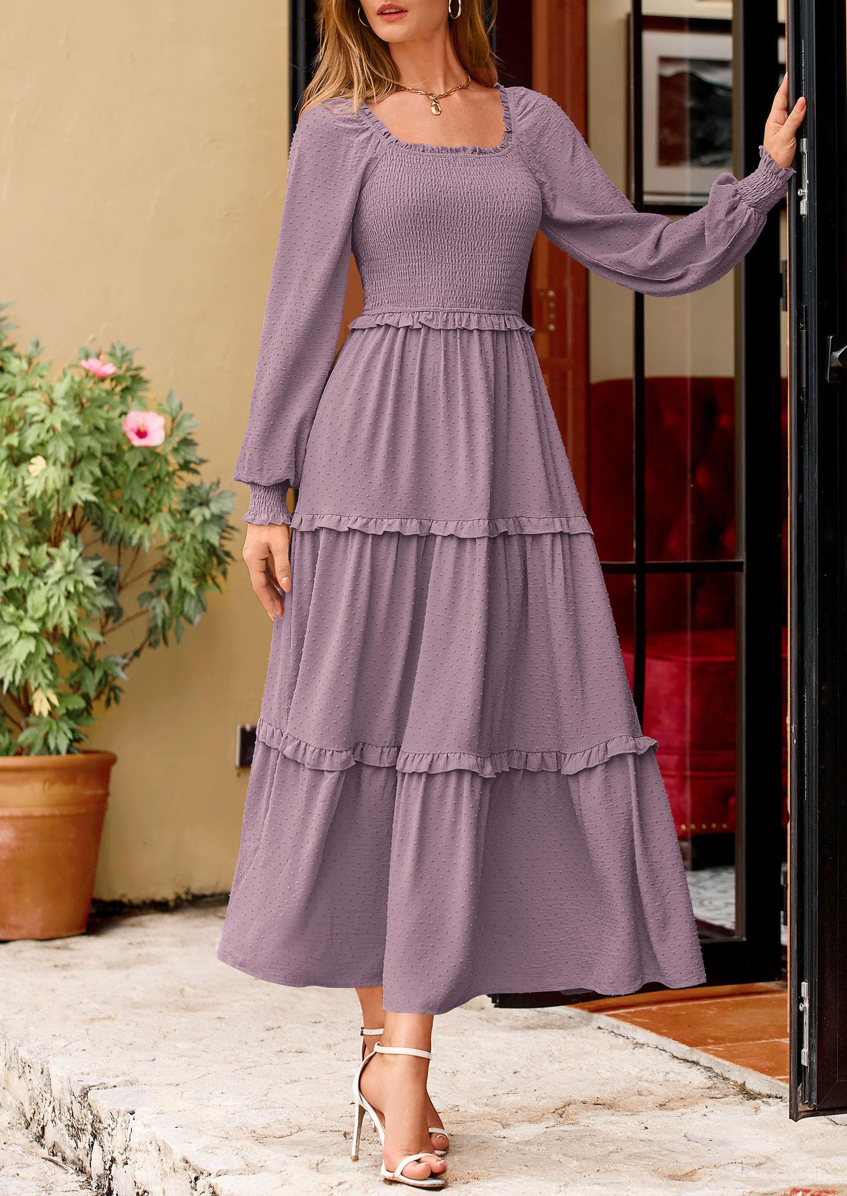 PRETTYGARDEN Women Fall Long Sleeve Smocked Maxi Dress Casual Square Neck Swiss Dot Tiered Ruffle Flowy Spring Pocket Dresses - Image 108