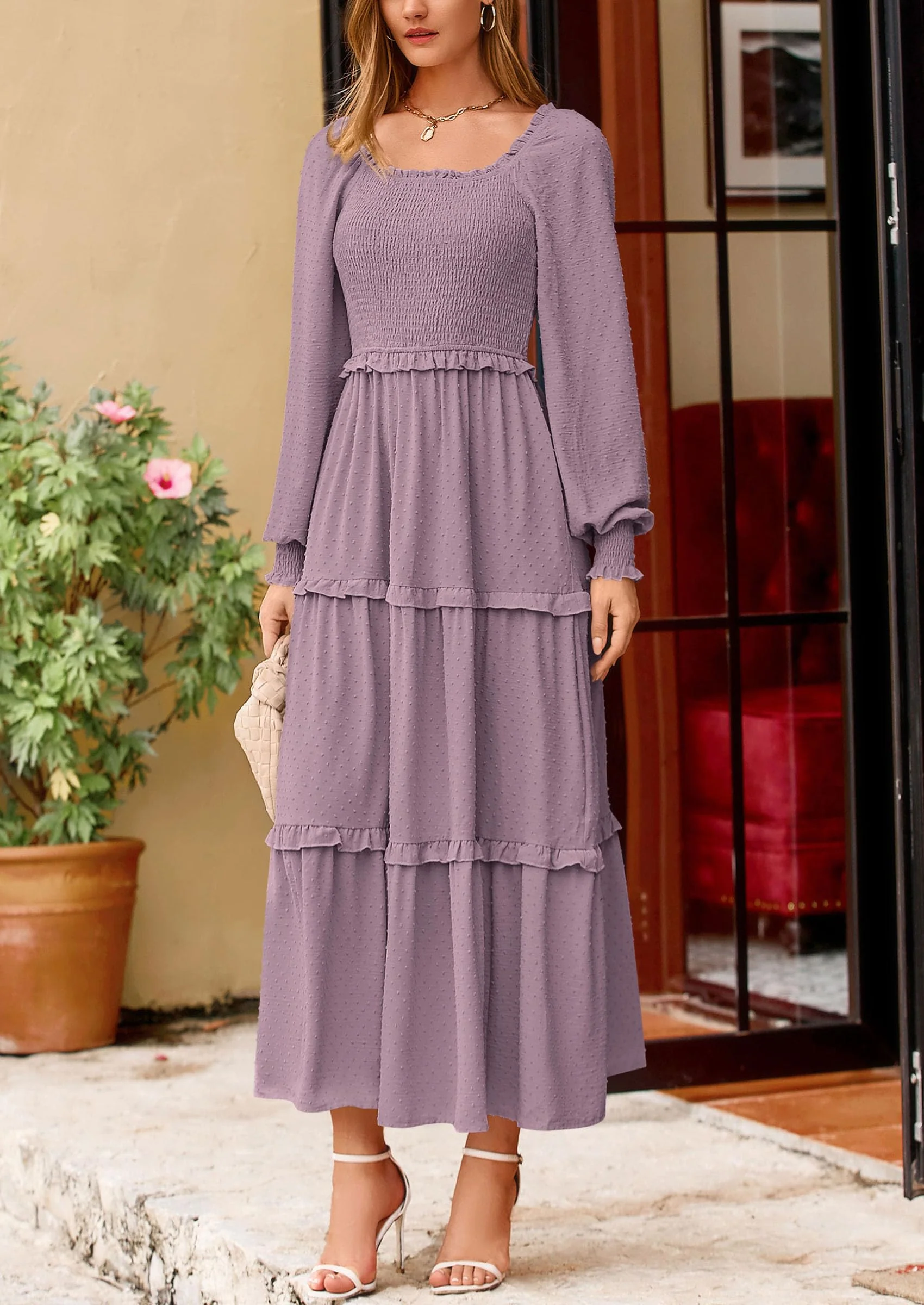 PRETTYGARDEN Women Fall Long Sleeve Smocked Maxi Dress Casual Square Neck Swiss Dot Tiered Ruffle Flowy Spring Pocket Dresses - Image 109