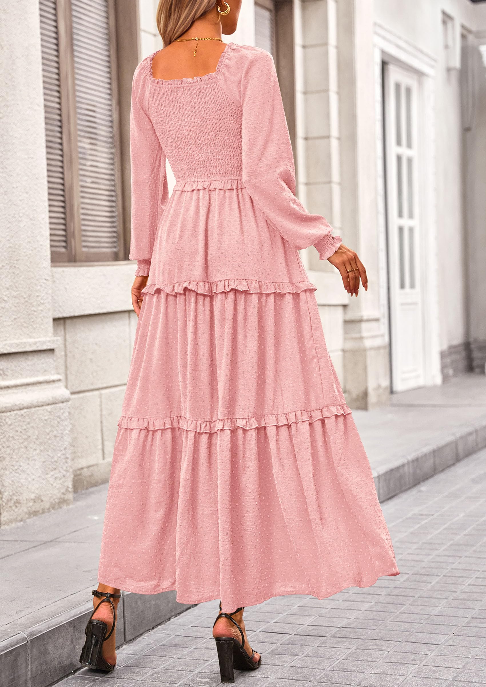 PRETTYGARDEN Women Fall Long Sleeve Smocked Maxi Dress Casual Square Neck Swiss Dot Tiered Ruffle Flowy Spring Pocket Dresses - Image 11