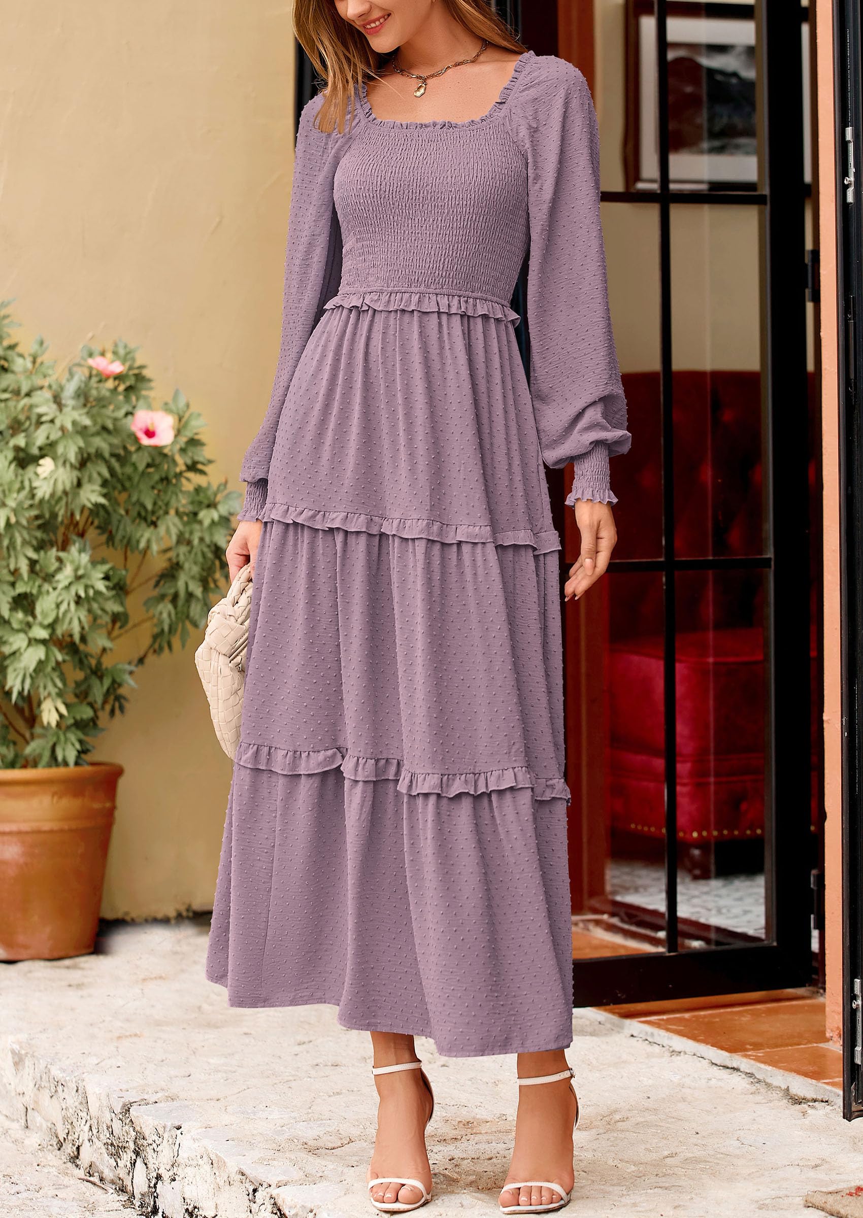 PRETTYGARDEN Women Fall Long Sleeve Smocked Maxi Dress Casual Square Neck Swiss Dot Tiered Ruffle Flowy Spring Pocket Dresses - Image 111