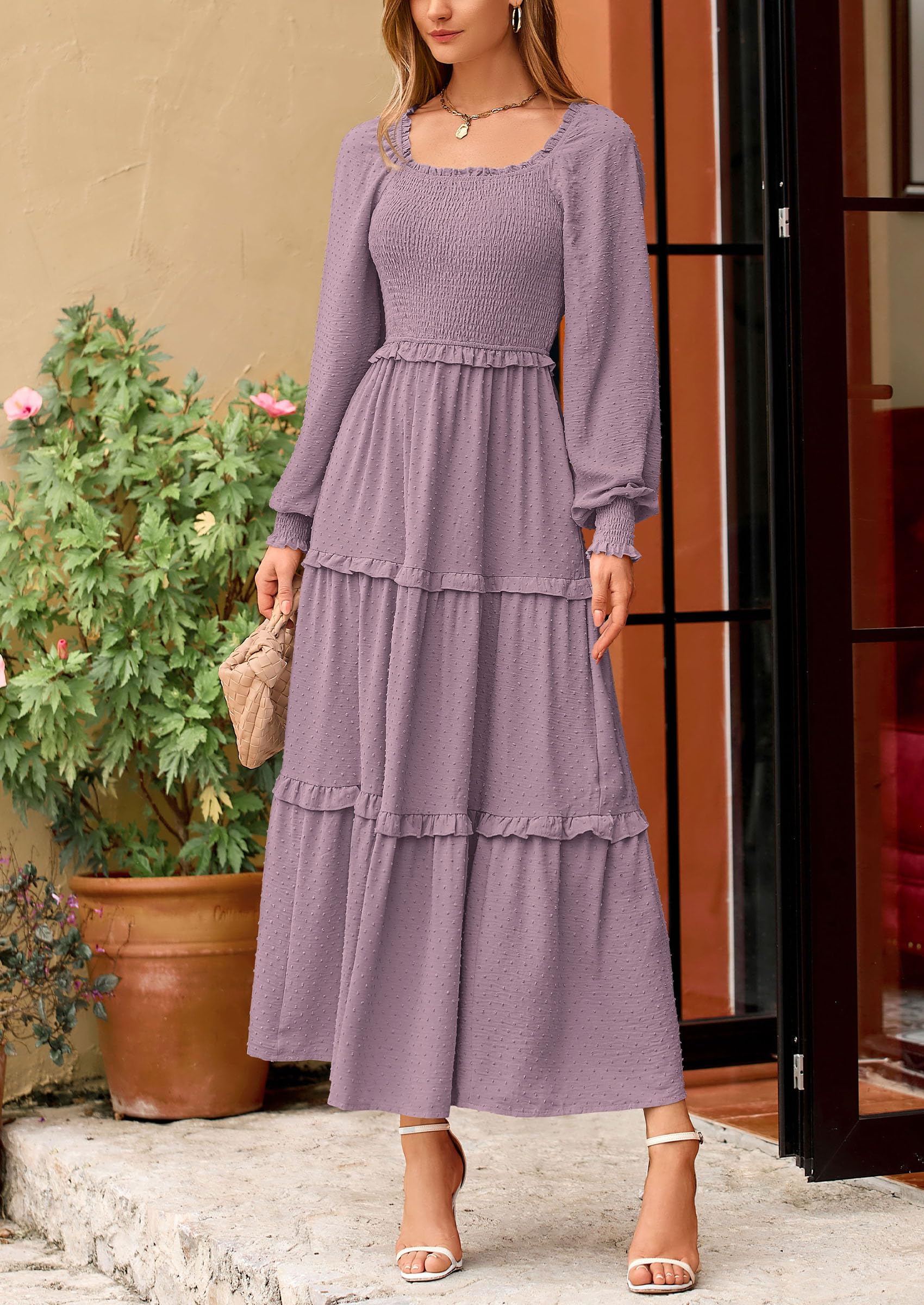 PRETTYGARDEN Women Fall Long Sleeve Smocked Maxi Dress Casual Square Neck Swiss Dot Tiered Ruffle Flowy Spring Pocket Dresses - Image 112