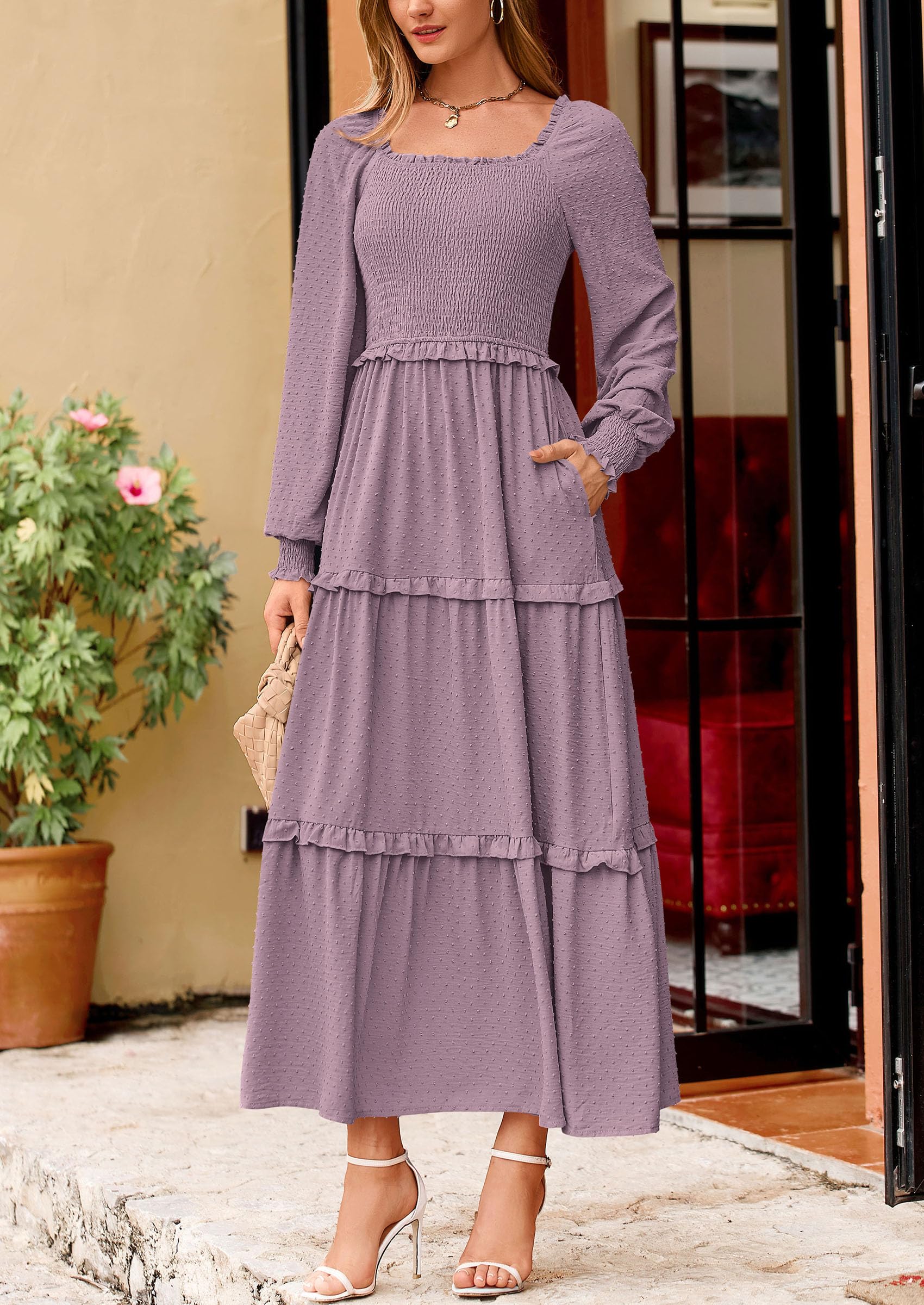 PRETTYGARDEN Women Fall Long Sleeve Smocked Maxi Dress Casual Square Neck Swiss Dot Tiered Ruffle Flowy Spring Pocket Dresses - Image 113