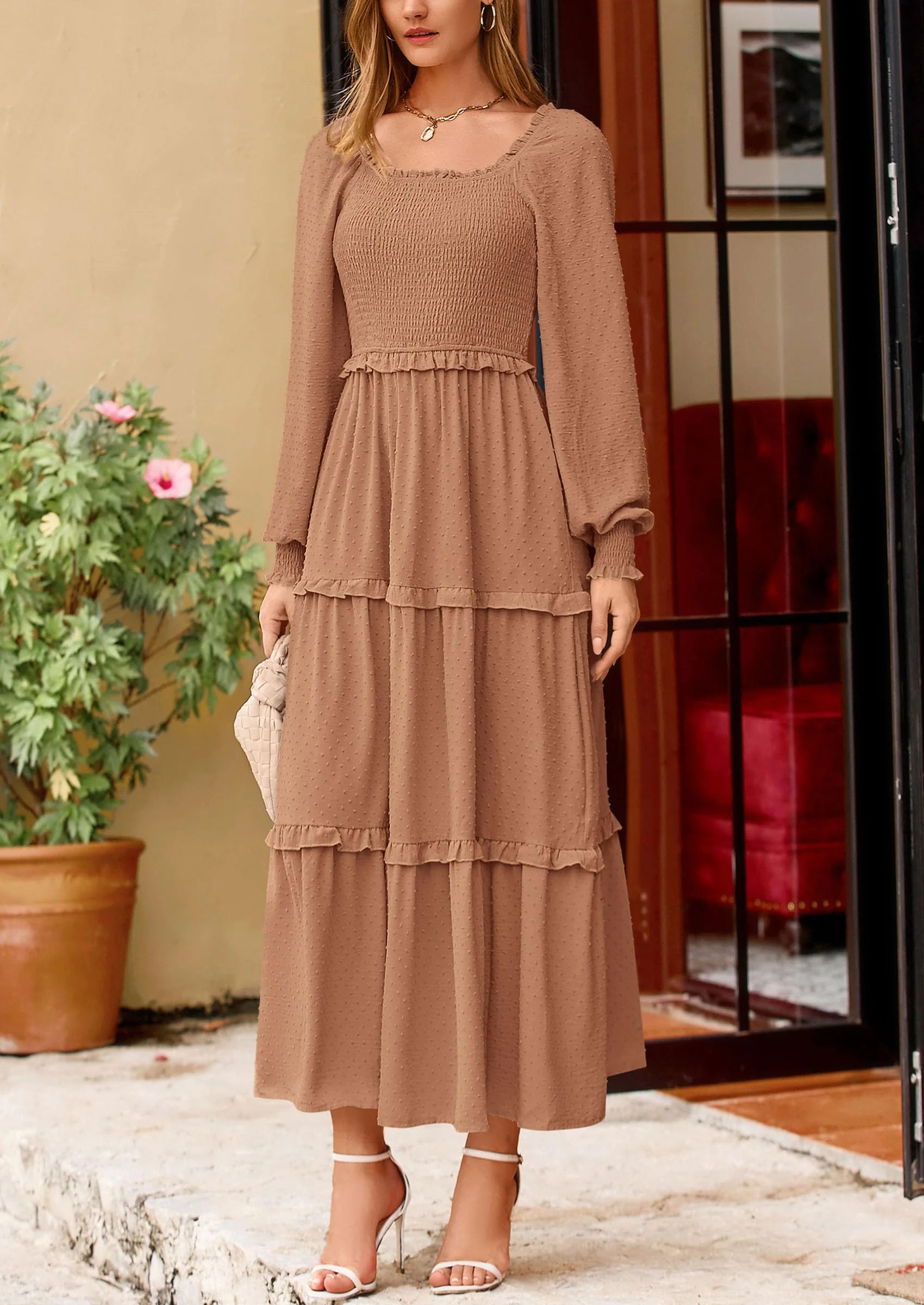 PRETTYGARDEN Women Fall Long Sleeve Smocked Maxi Dress Casual Square Neck Swiss Dot Tiered Ruffle Flowy Spring Pocket Dresses - Image 116