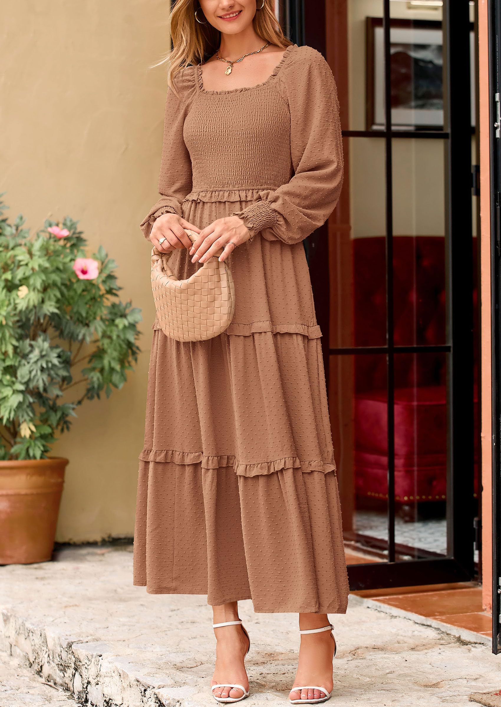 PRETTYGARDEN Women Fall Long Sleeve Smocked Maxi Dress Casual Square Neck Swiss Dot Tiered Ruffle Flowy Spring Pocket Dresses - Image 117