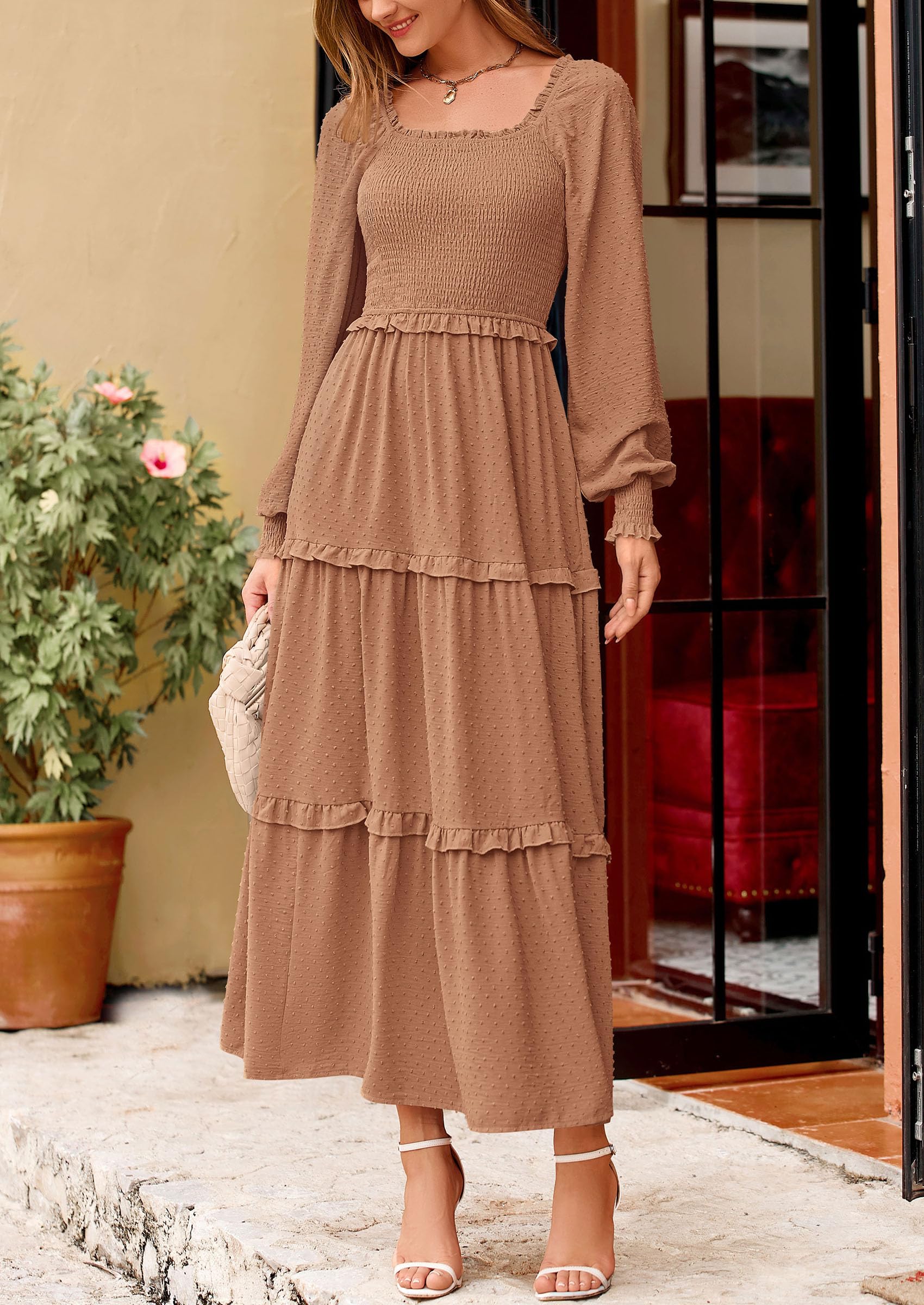 PRETTYGARDEN Women Fall Long Sleeve Smocked Maxi Dress Casual Square Neck Swiss Dot Tiered Ruffle Flowy Spring Pocket Dresses - Image 118