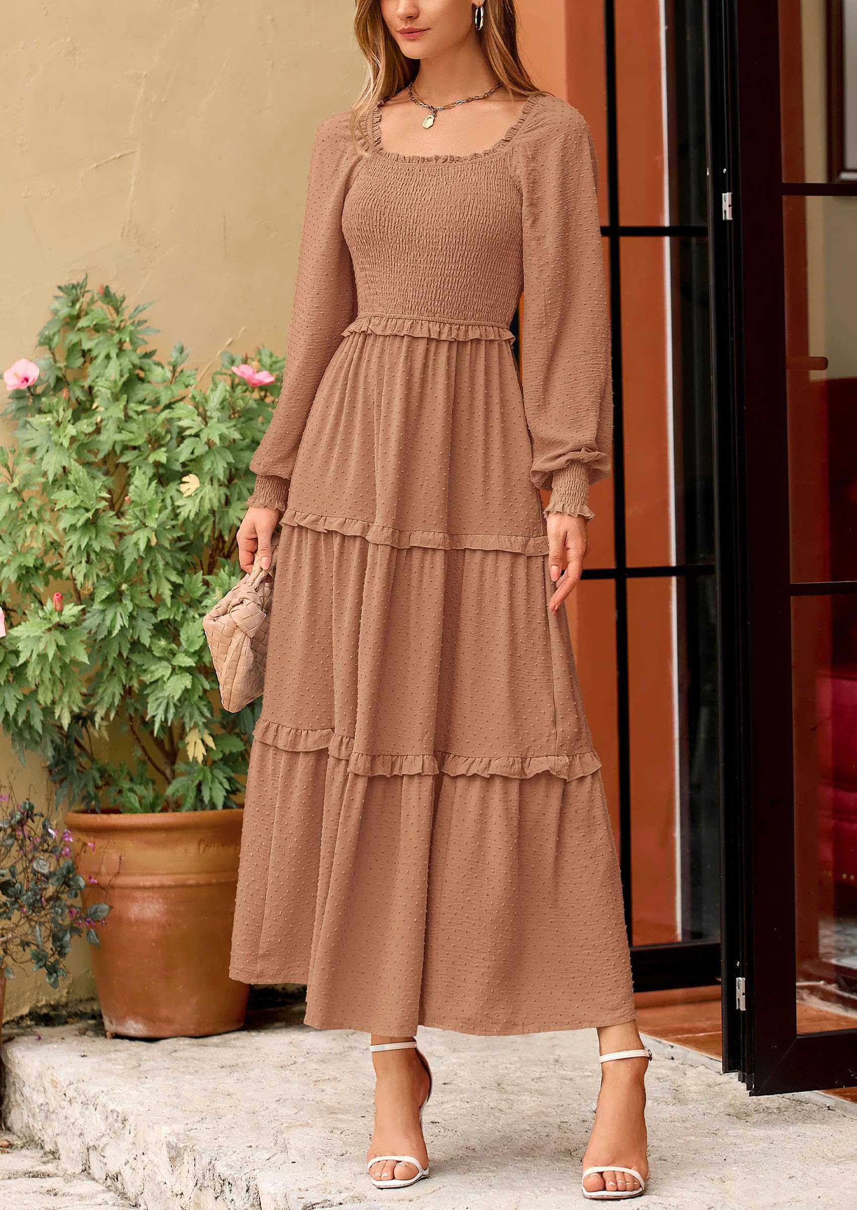 PRETTYGARDEN Women Fall Long Sleeve Smocked Maxi Dress Casual Square Neck Swiss Dot Tiered Ruffle Flowy Spring Pocket Dresses - Image 119