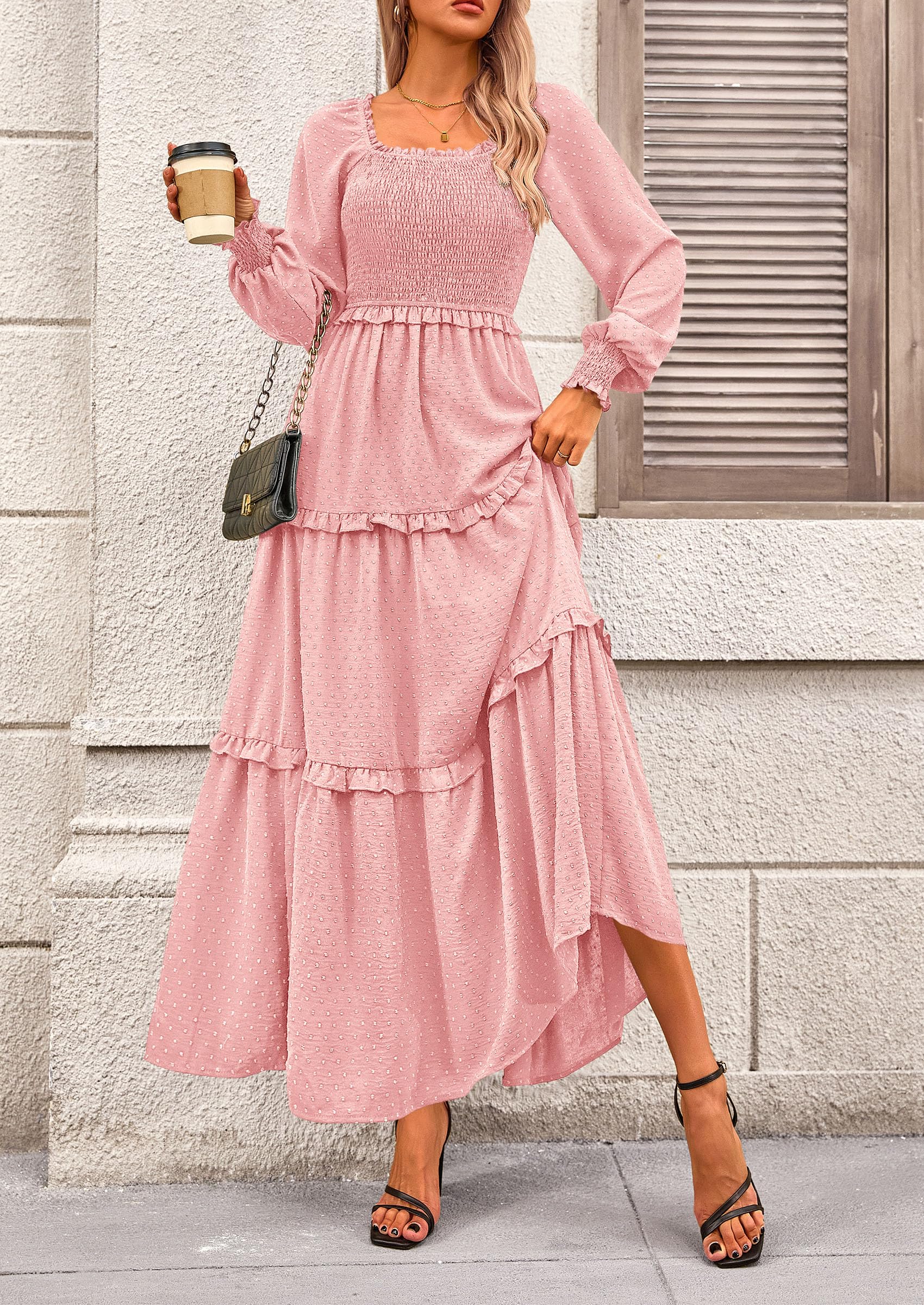 PRETTYGARDEN Women Fall Long Sleeve Smocked Maxi Dress Casual Square Neck Swiss Dot Tiered Ruffle Flowy Spring Pocket Dresses - Image 12