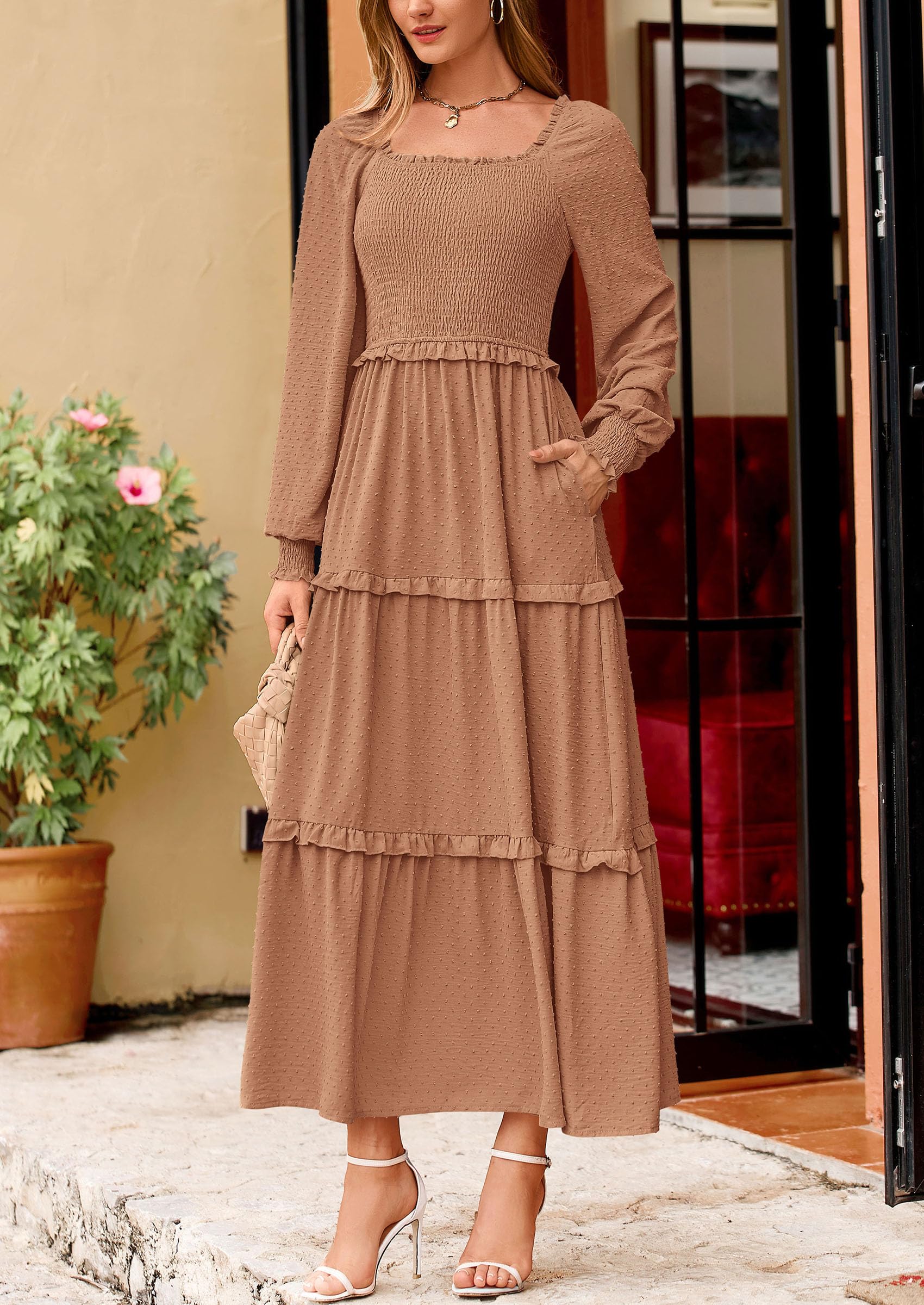 PRETTYGARDEN Women Fall Long Sleeve Smocked Maxi Dress Casual Square Neck Swiss Dot Tiered Ruffle Flowy Spring Pocket Dresses - Image 120