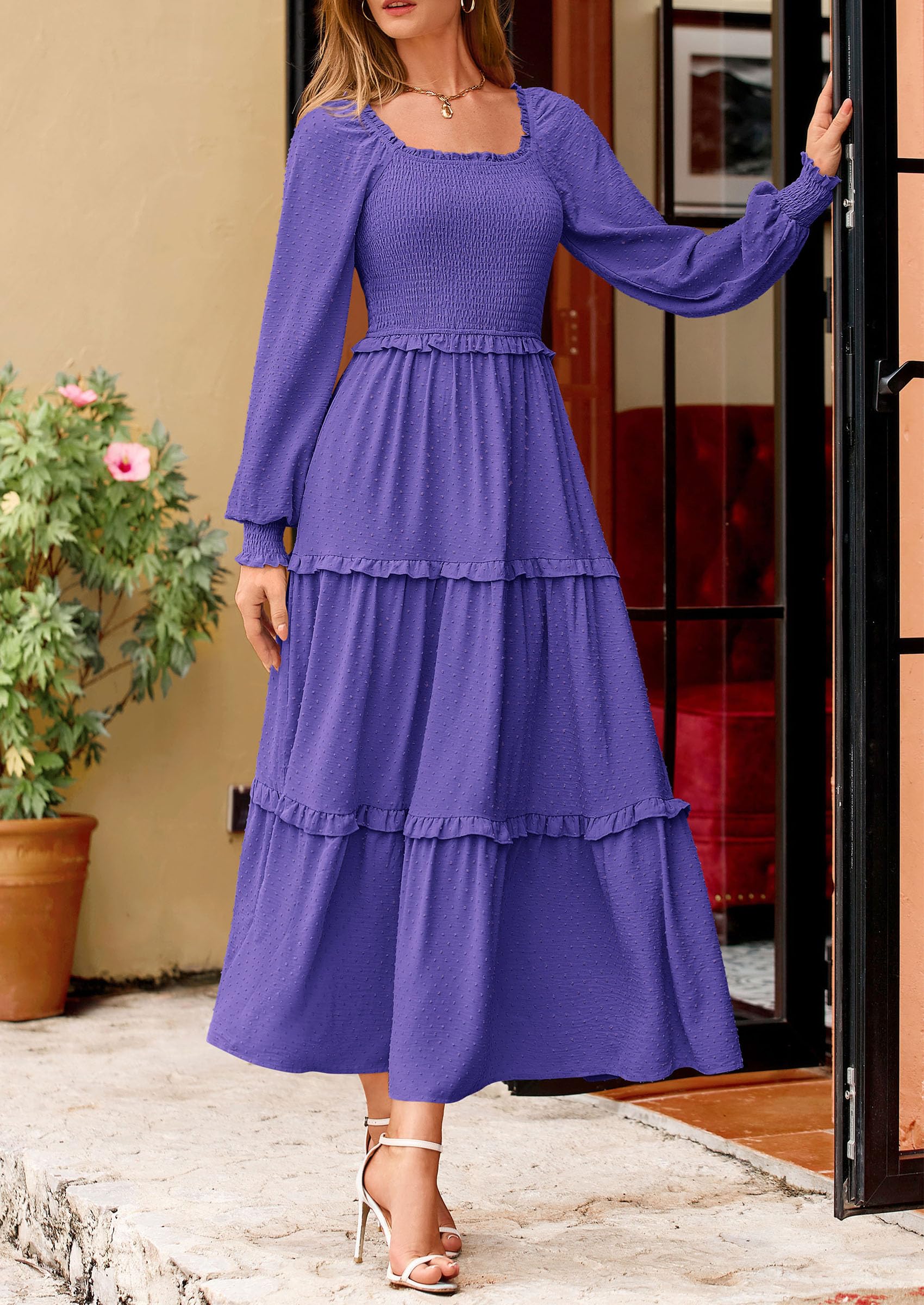 PRETTYGARDEN Women Fall Long Sleeve Smocked Maxi Dress Casual Square Neck Swiss Dot Tiered Ruffle Flowy Spring Pocket Dresses - Image 123