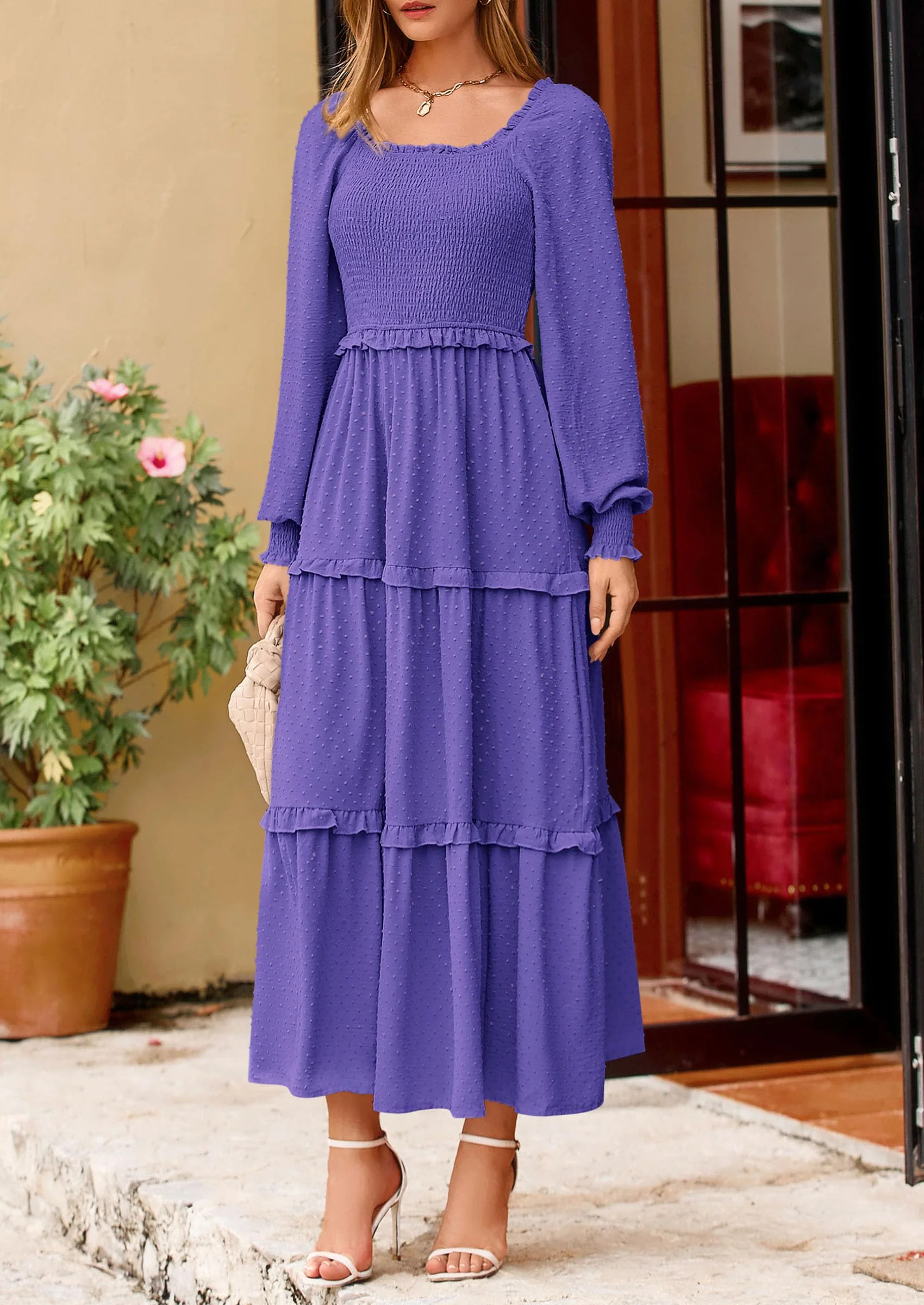 PRETTYGARDEN Women Fall Long Sleeve Smocked Maxi Dress Casual Square Neck Swiss Dot Tiered Ruffle Flowy Spring Pocket Dresses - Image 124