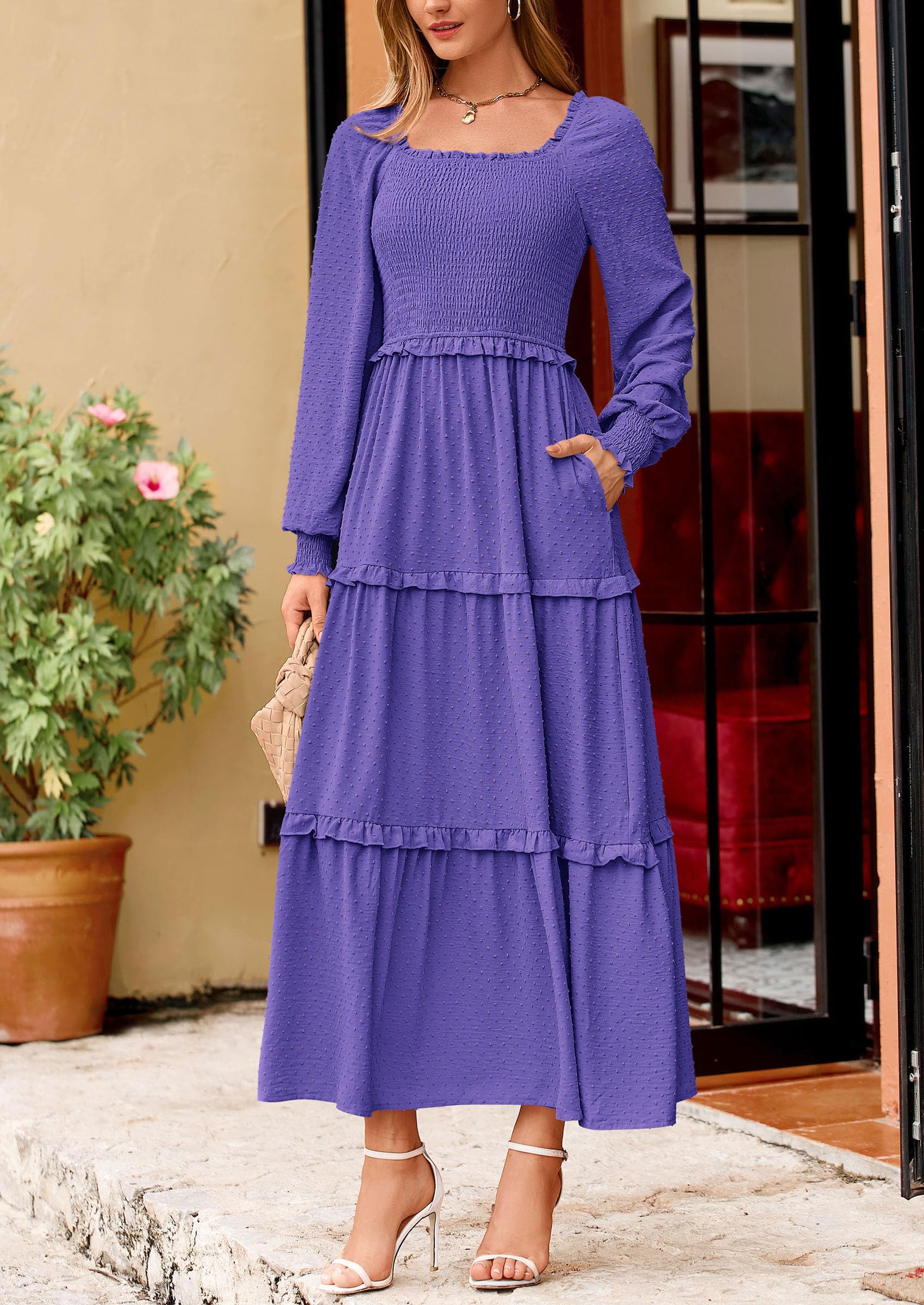 PRETTYGARDEN Women Fall Long Sleeve Smocked Maxi Dress Casual Square Neck Swiss Dot Tiered Ruffle Flowy Spring Pocket Dresses - Image 128