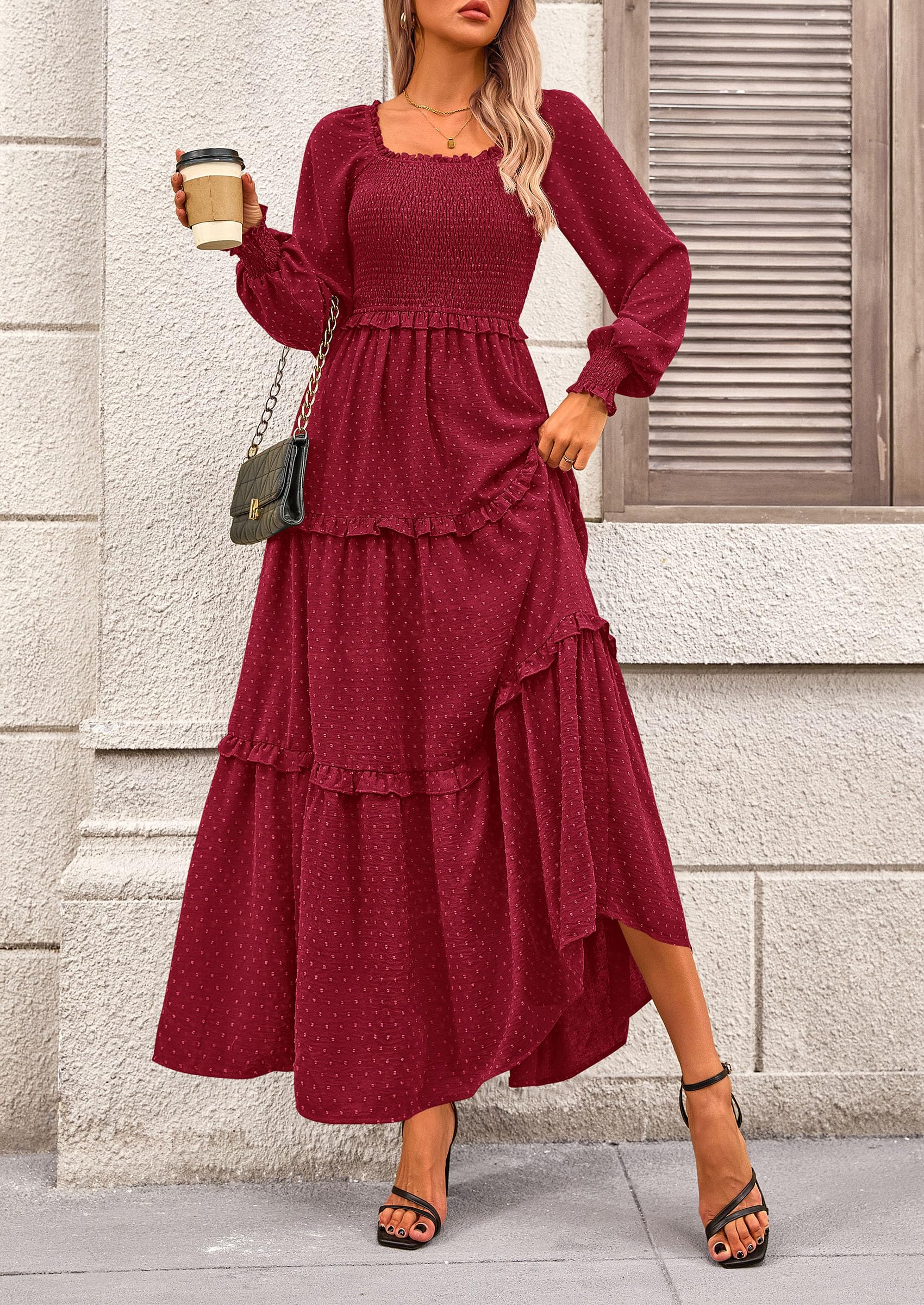 PRETTYGARDEN Women Fall Long Sleeve Smocked Maxi Dress Casual Square Neck Swiss Dot Tiered Ruffle Flowy Spring Pocket Dresses - Image 129