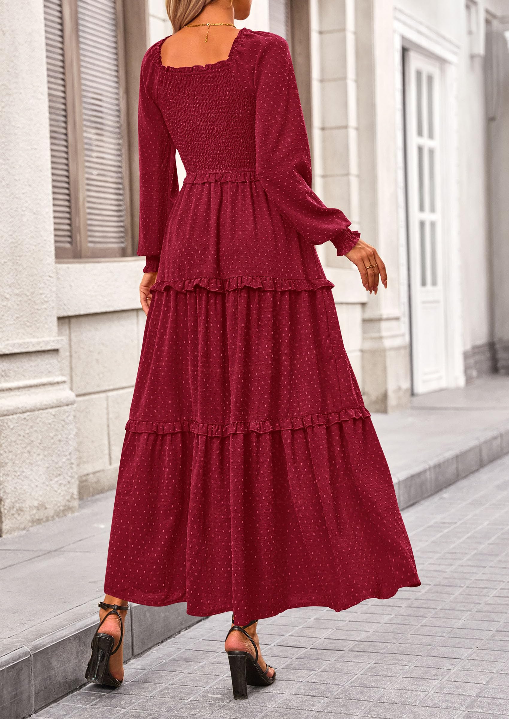 PRETTYGARDEN Women Fall Long Sleeve Smocked Maxi Dress Casual Square Neck Swiss Dot Tiered Ruffle Flowy Spring Pocket Dresses - Image 130