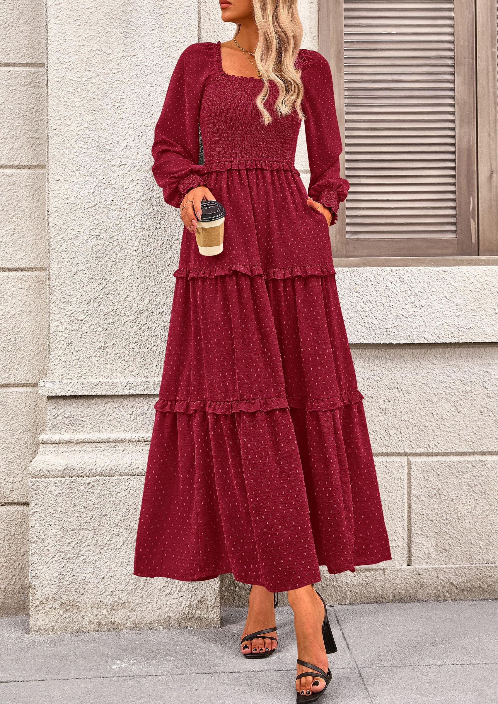 PRETTYGARDEN Women Fall Long Sleeve Smocked Maxi Dress Casual Square Neck Swiss Dot Tiered Ruffle Flowy Spring Pocket Dresses - Image 131