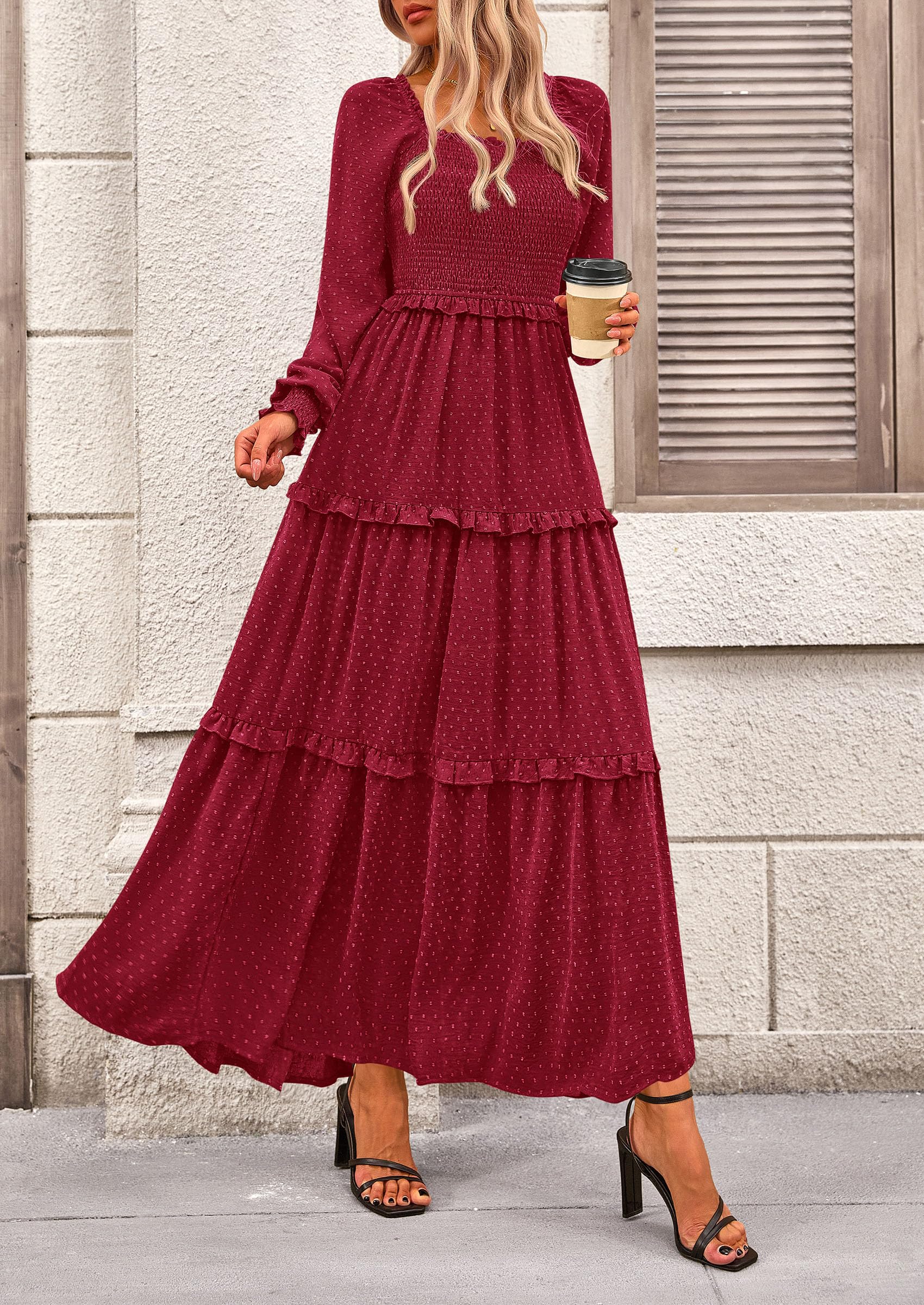 PRETTYGARDEN Women Fall Long Sleeve Smocked Maxi Dress Casual Square Neck Swiss Dot Tiered Ruffle Flowy Spring Pocket Dresses - Image 132