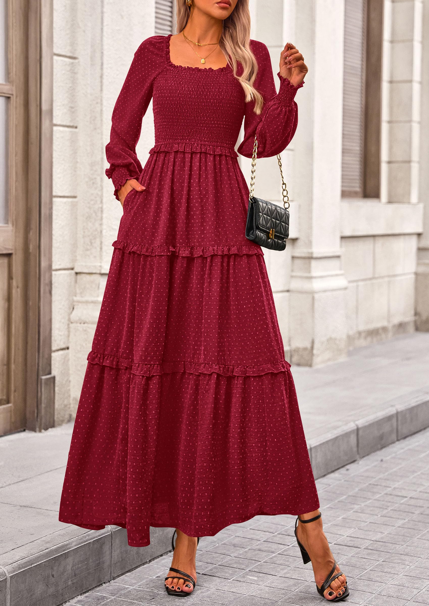 PRETTYGARDEN Women Fall Long Sleeve Smocked Maxi Dress Casual Square Neck Swiss Dot Tiered Ruffle Flowy Spring Pocket Dresses - Image 133
