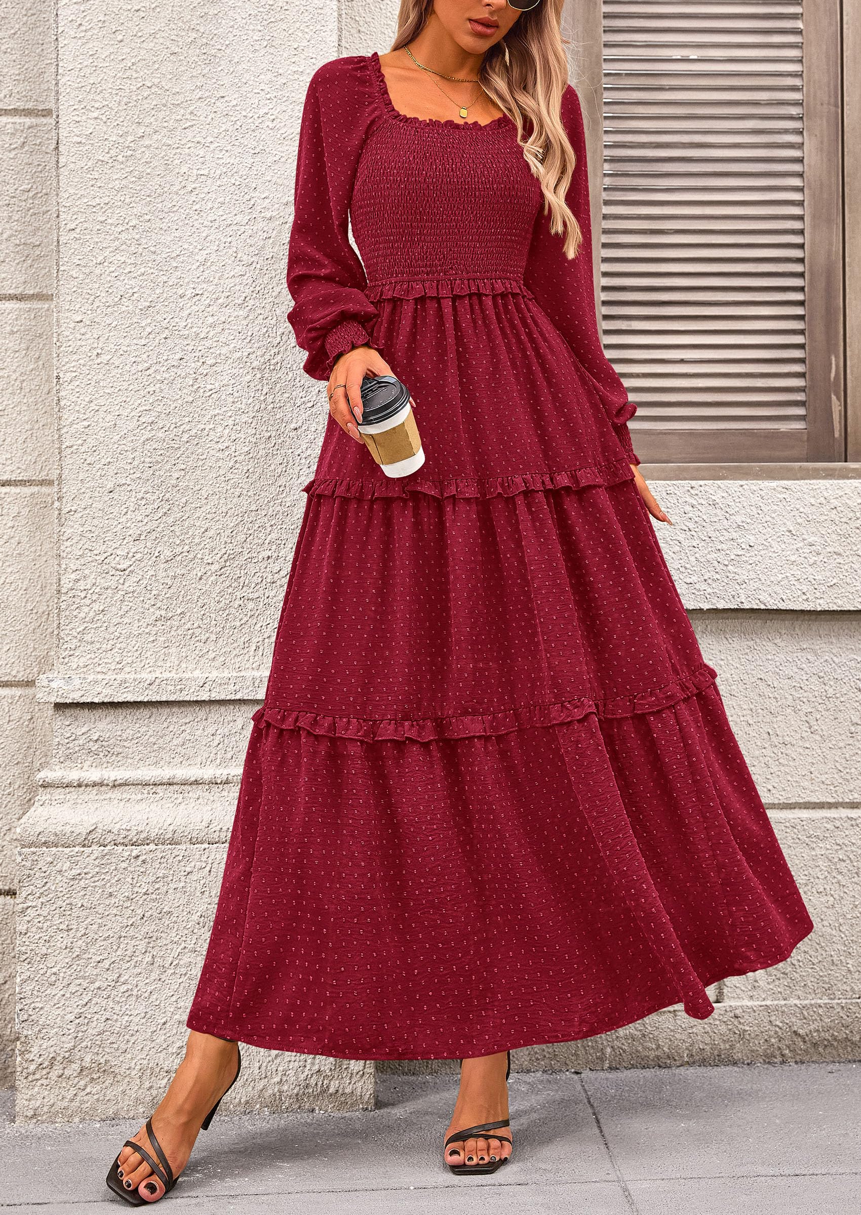 PRETTYGARDEN Women Fall Long Sleeve Smocked Maxi Dress Casual Square Neck Swiss Dot Tiered Ruffle Flowy Spring Pocket Dresses - Image 134