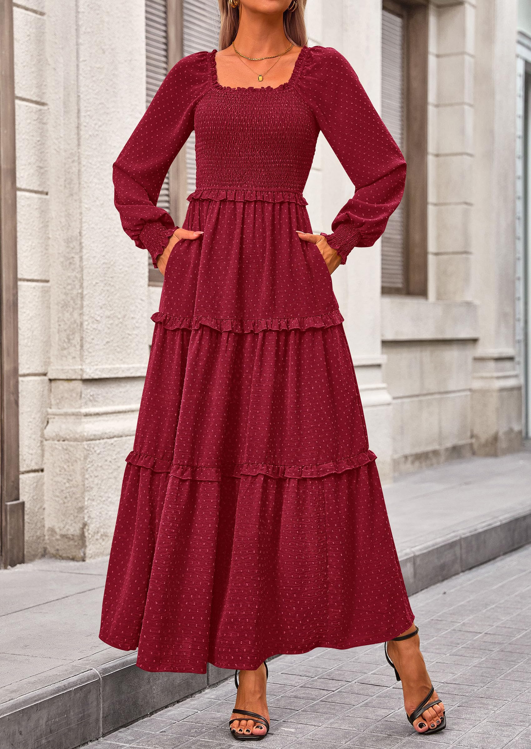 PRETTYGARDEN Women Fall Long Sleeve Smocked Maxi Dress Casual Square Neck Swiss Dot Tiered Ruffle Flowy Spring Pocket Dresses - Image 135