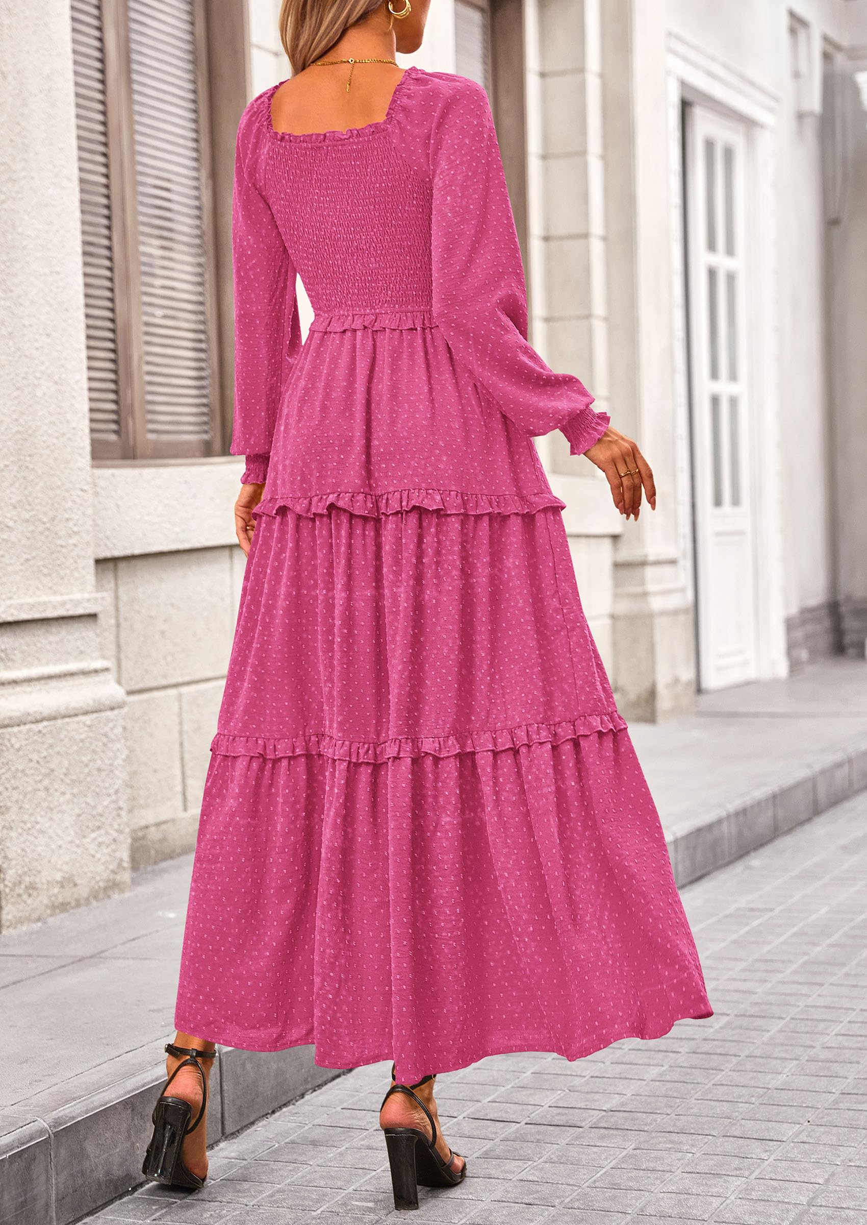 PRETTYGARDEN Women Fall Long Sleeve Smocked Maxi Dress Casual Square Neck Swiss Dot Tiered Ruffle Flowy Spring Pocket Dresses - Image 137