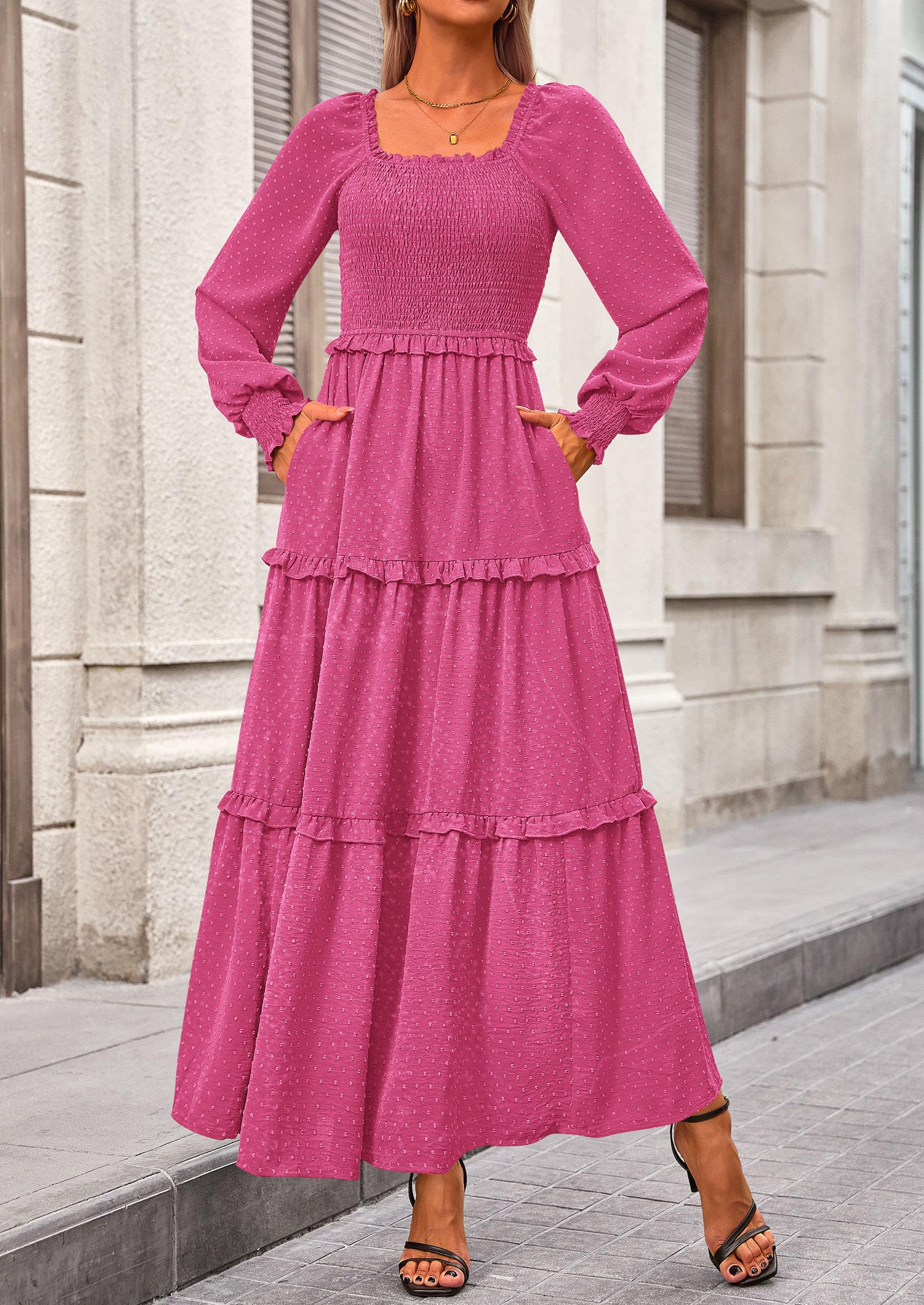 PRETTYGARDEN Women Fall Long Sleeve Smocked Maxi Dress Casual Square Neck Swiss Dot Tiered Ruffle Flowy Spring Pocket Dresses - Image 142