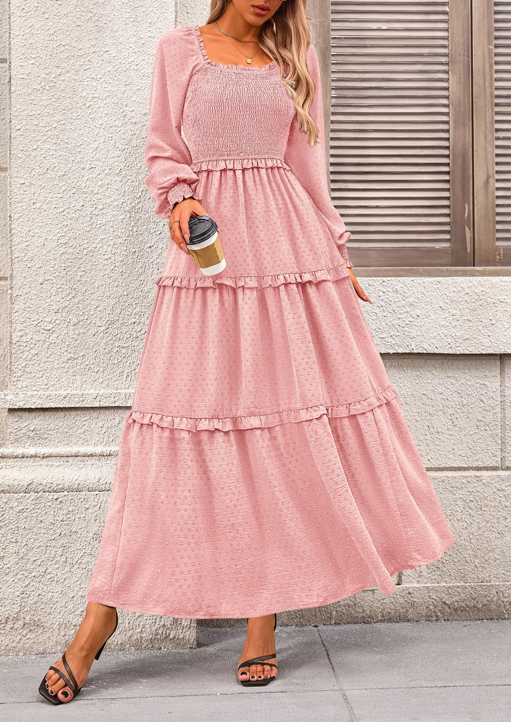 PRETTYGARDEN Women Fall Long Sleeve Smocked Maxi Dress Casual Square Neck Swiss Dot Tiered Ruffle Flowy Spring Pocket Dresses - Image 16