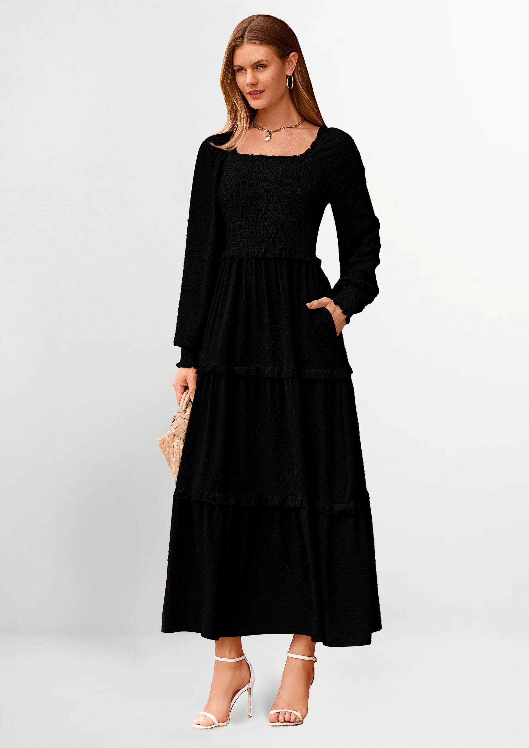 PRETTYGARDEN Women Fall Long Sleeve Smocked Maxi Dress Casual Square Neck Swiss Dot Tiered Ruffle Flowy Spring Pocket Dresses - Image 18