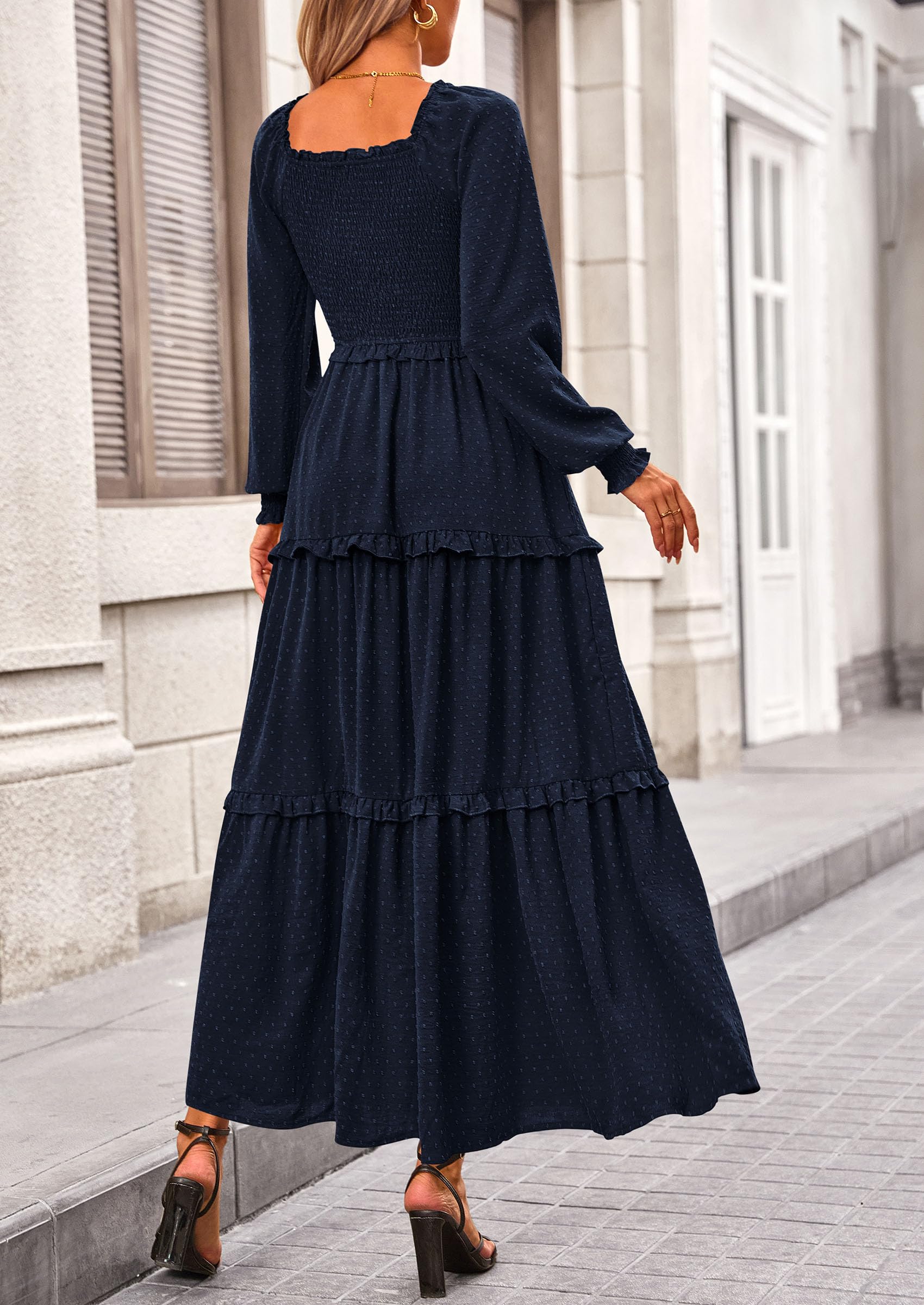 PRETTYGARDEN Women Fall Long Sleeve Smocked Maxi Dress Casual Square Neck Swiss Dot Tiered Ruffle Flowy Spring Pocket Dresses - Image 19