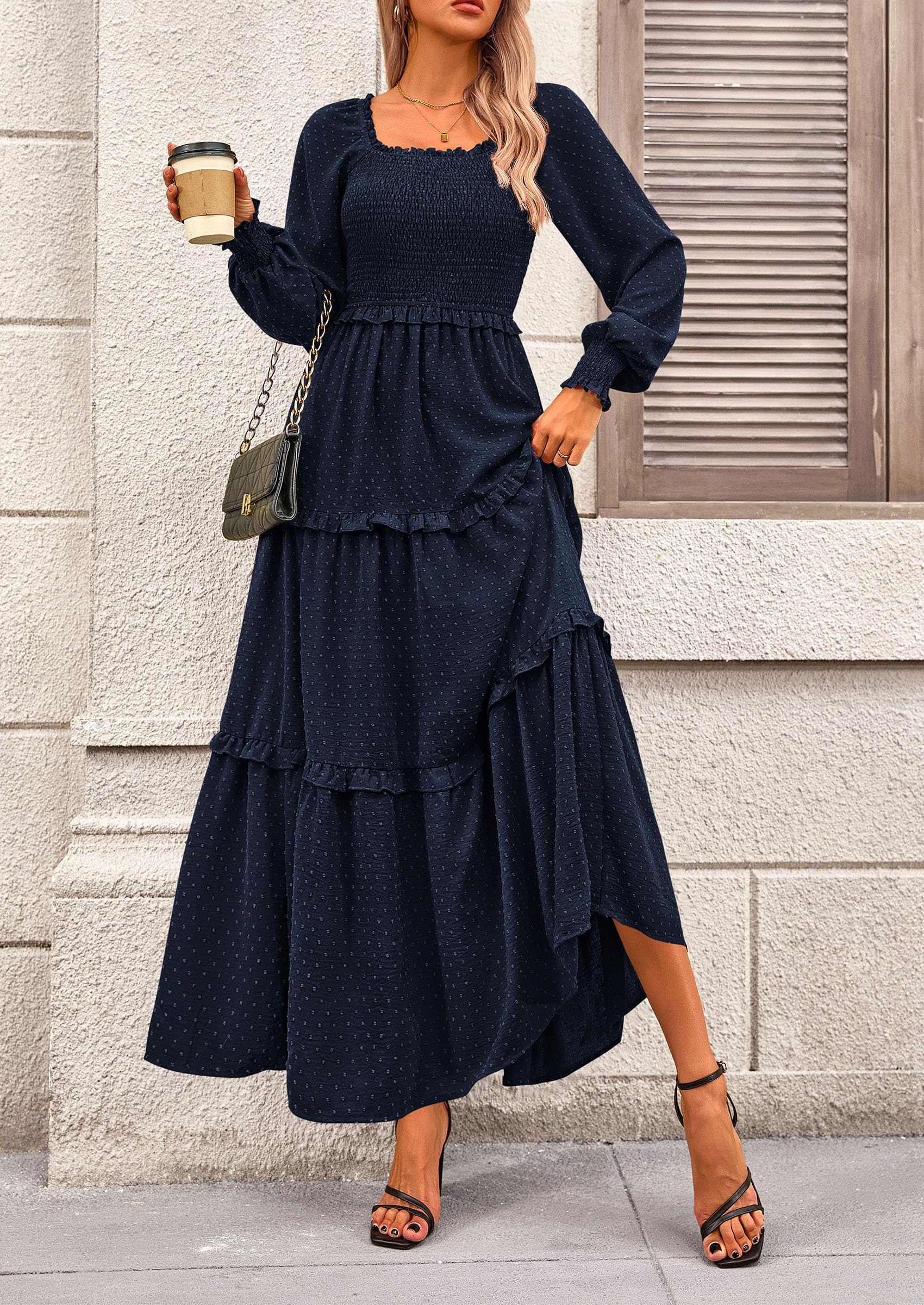 PRETTYGARDEN Women Fall Long Sleeve Smocked Maxi Dress Casual Square Neck Swiss Dot Tiered Ruffle Flowy Spring Pocket Dresses - Image 20