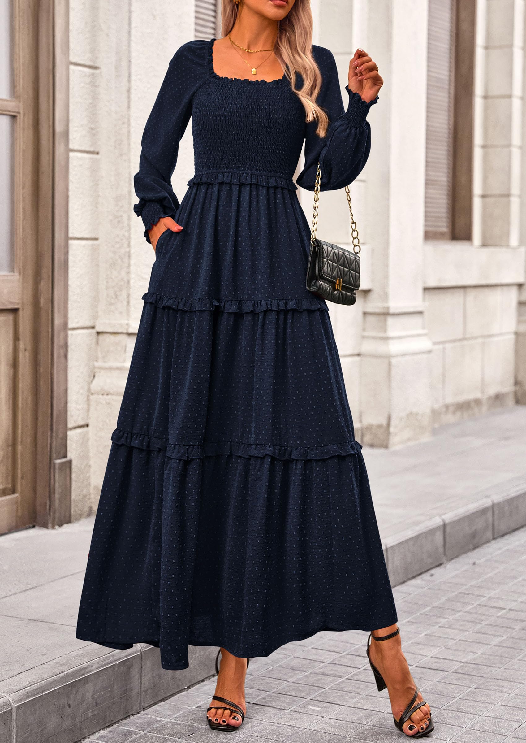PRETTYGARDEN Women Fall Long Sleeve Smocked Maxi Dress Casual Square Neck Swiss Dot Tiered Ruffle Flowy Spring Pocket Dresses - Image 22