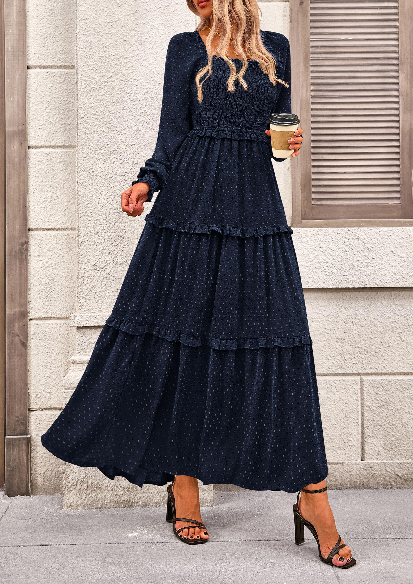 PRETTYGARDEN Women Fall Long Sleeve Smocked Maxi Dress Casual Square Neck Swiss Dot Tiered Ruffle Flowy Spring Pocket Dresses - Image 23