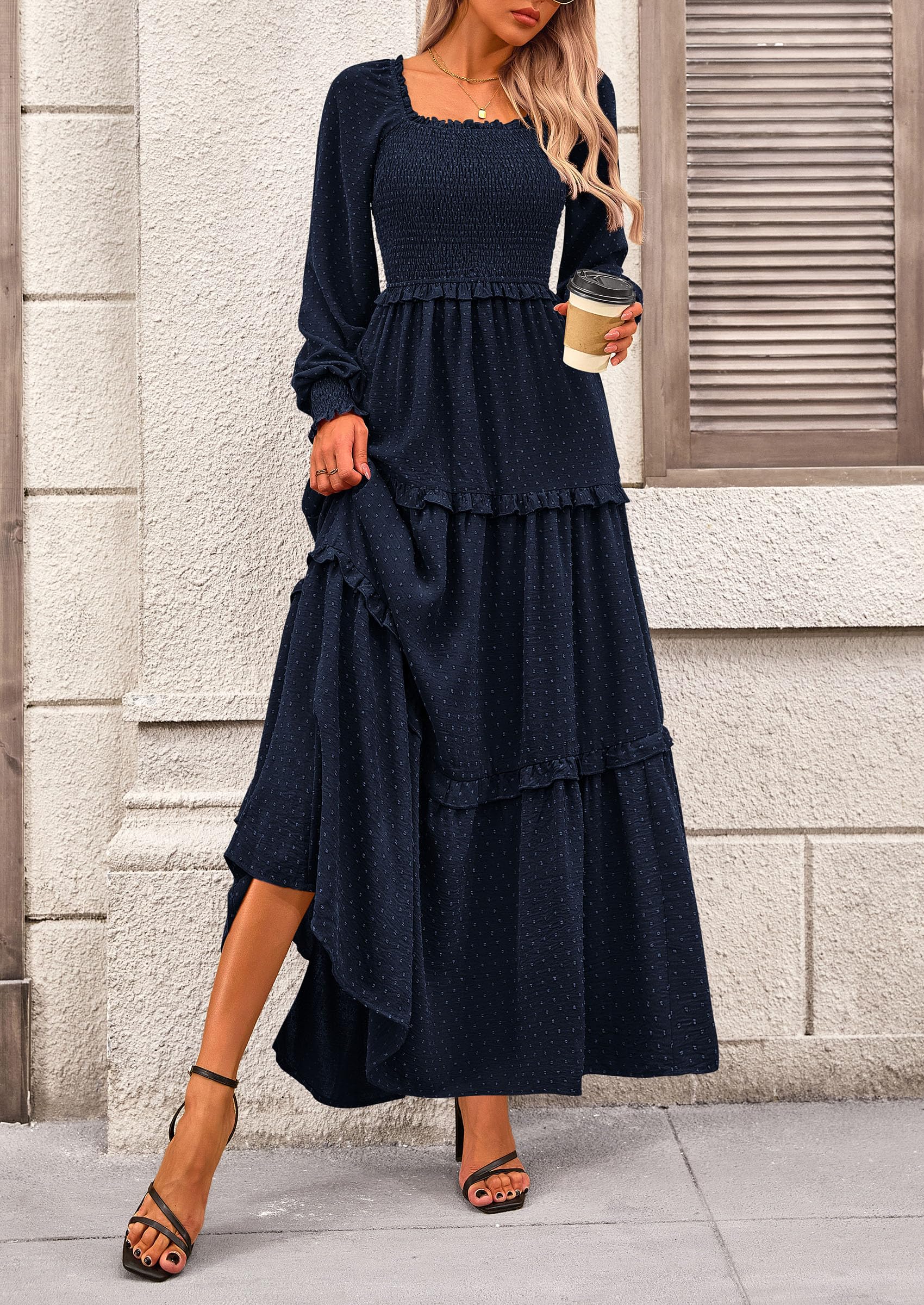 PRETTYGARDEN Women Fall Long Sleeve Smocked Maxi Dress Casual Square Neck Swiss Dot Tiered Ruffle Flowy Spring Pocket Dresses - Image 24