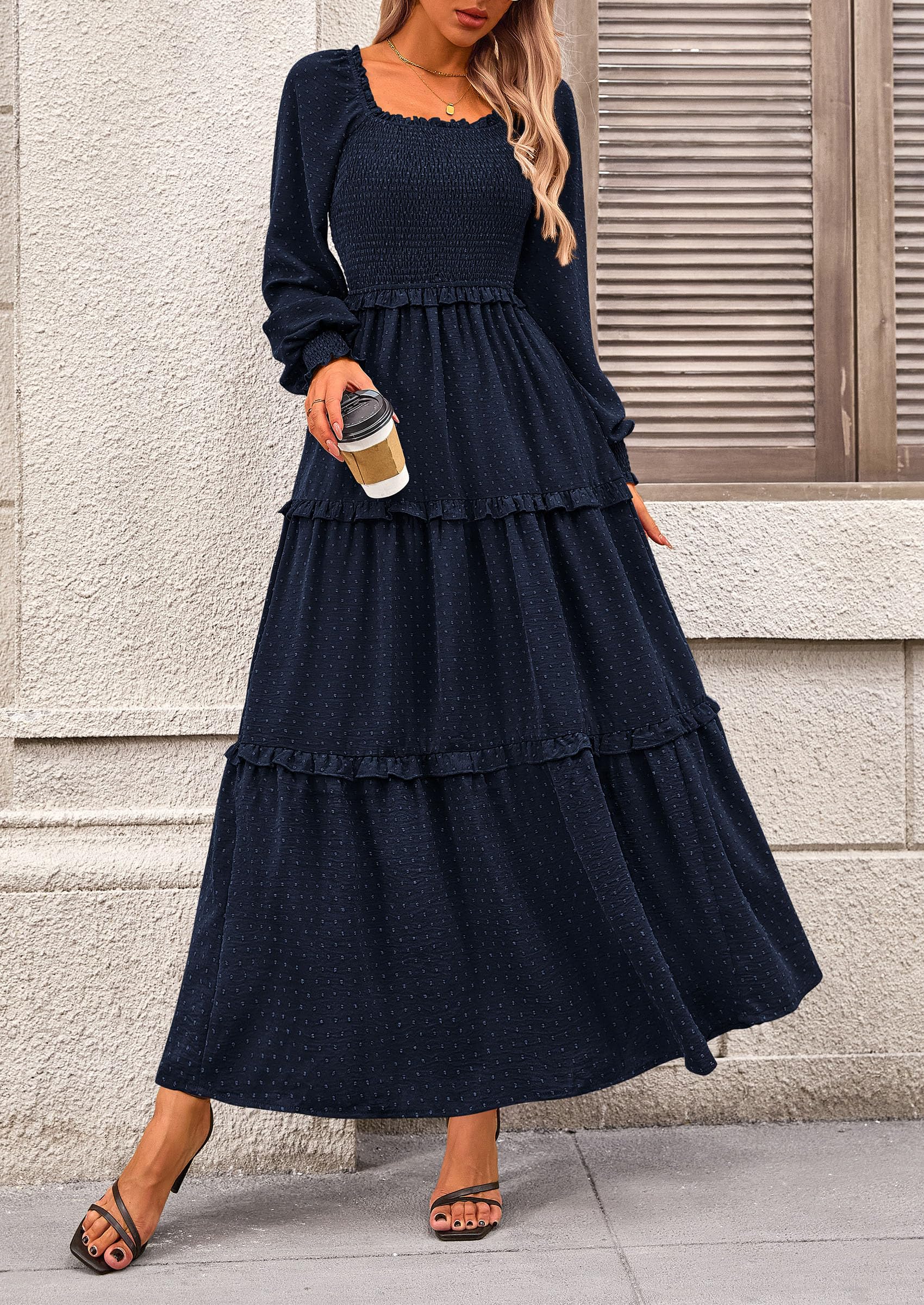PRETTYGARDEN Women Fall Long Sleeve Smocked Maxi Dress Casual Square Neck Swiss Dot Tiered Ruffle Flowy Spring Pocket Dresses - Image 25