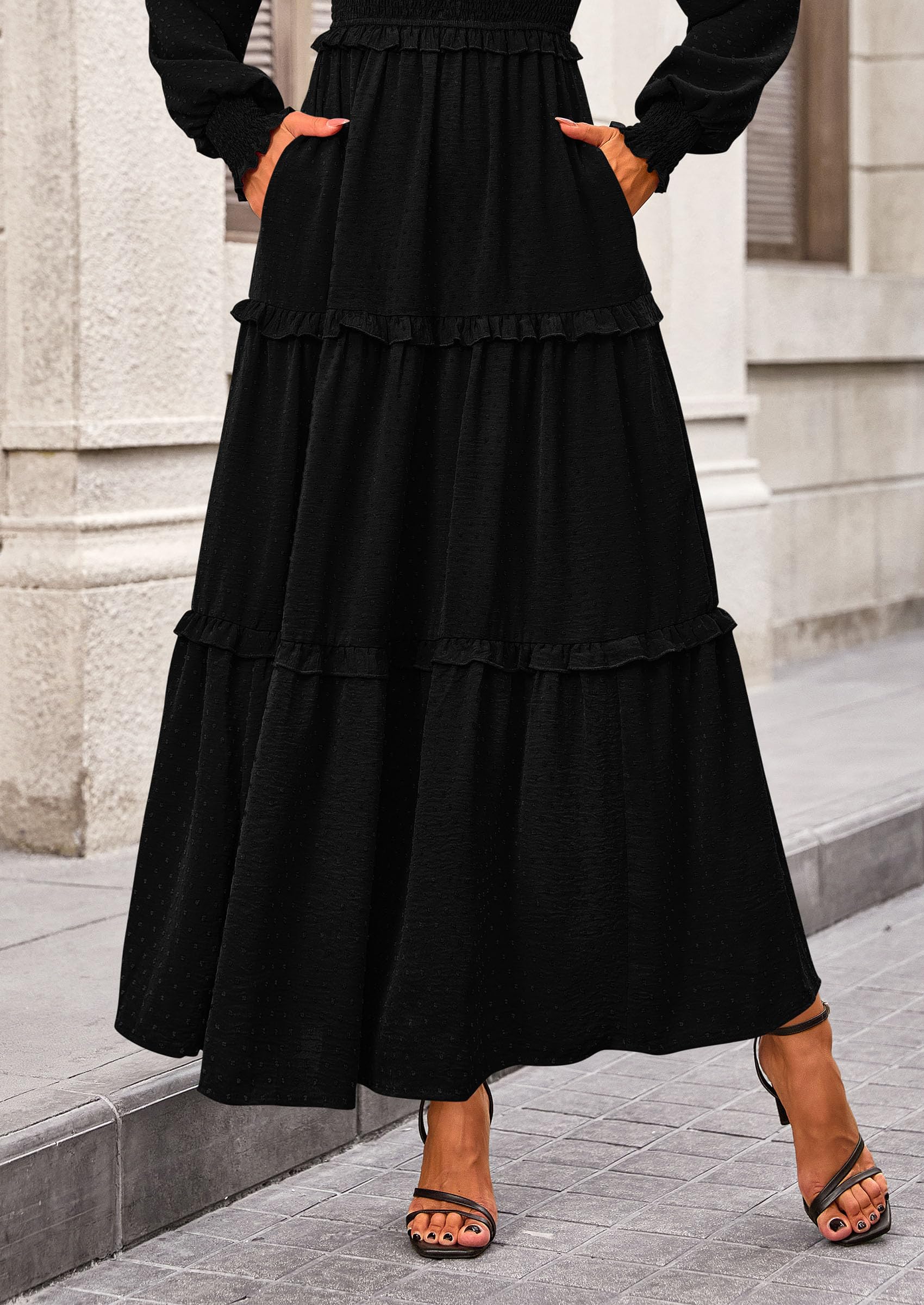 PRETTYGARDEN Women Fall Long Sleeve Smocked Maxi Dress Casual Square Neck Swiss Dot Tiered Ruffle Flowy Spring Pocket Dresses - Image 30