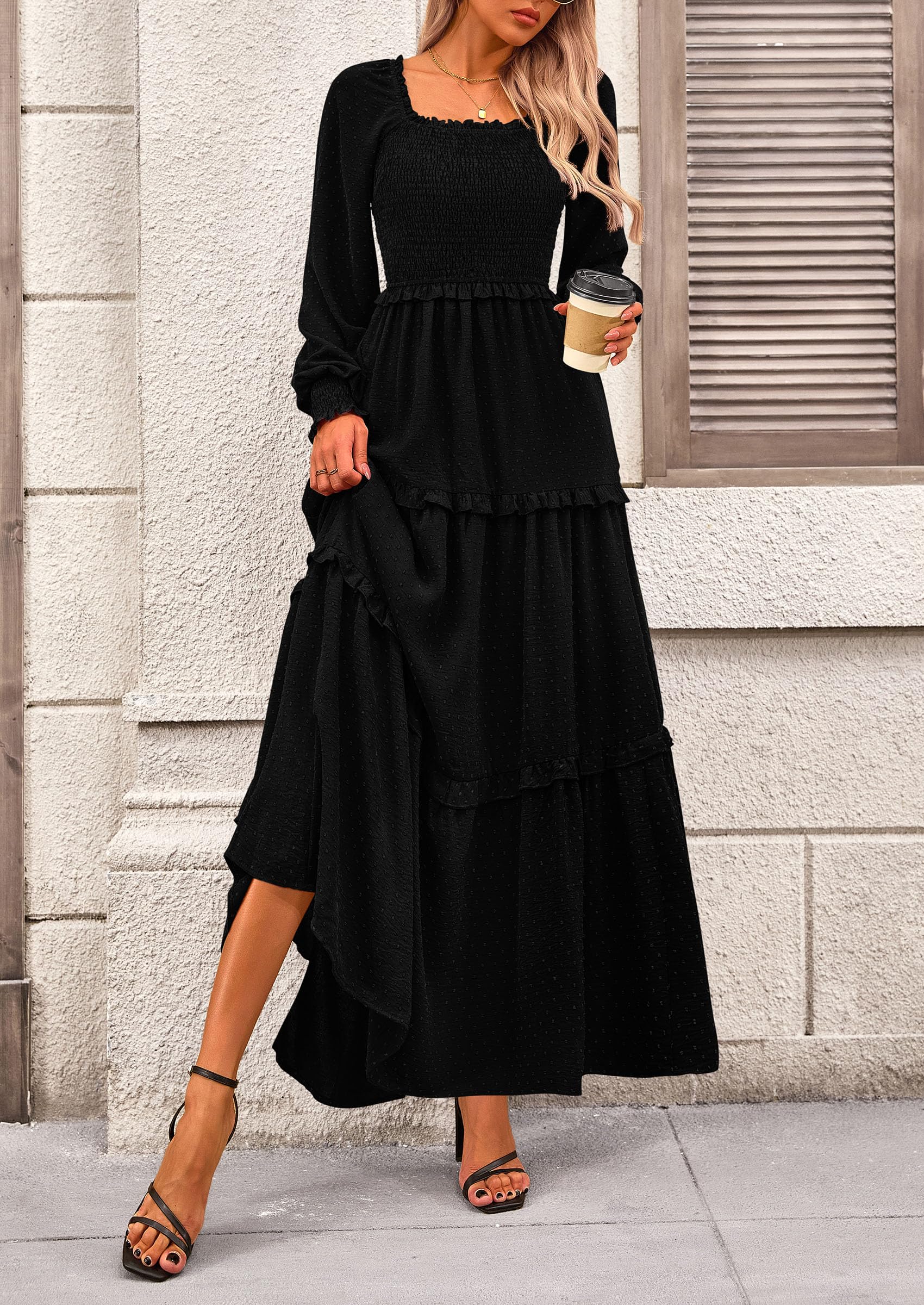 PRETTYGARDEN Women Fall Long Sleeve Smocked Maxi Dress Casual Square Neck Swiss Dot Tiered Ruffle Flowy Spring Pocket Dresses - Image 31