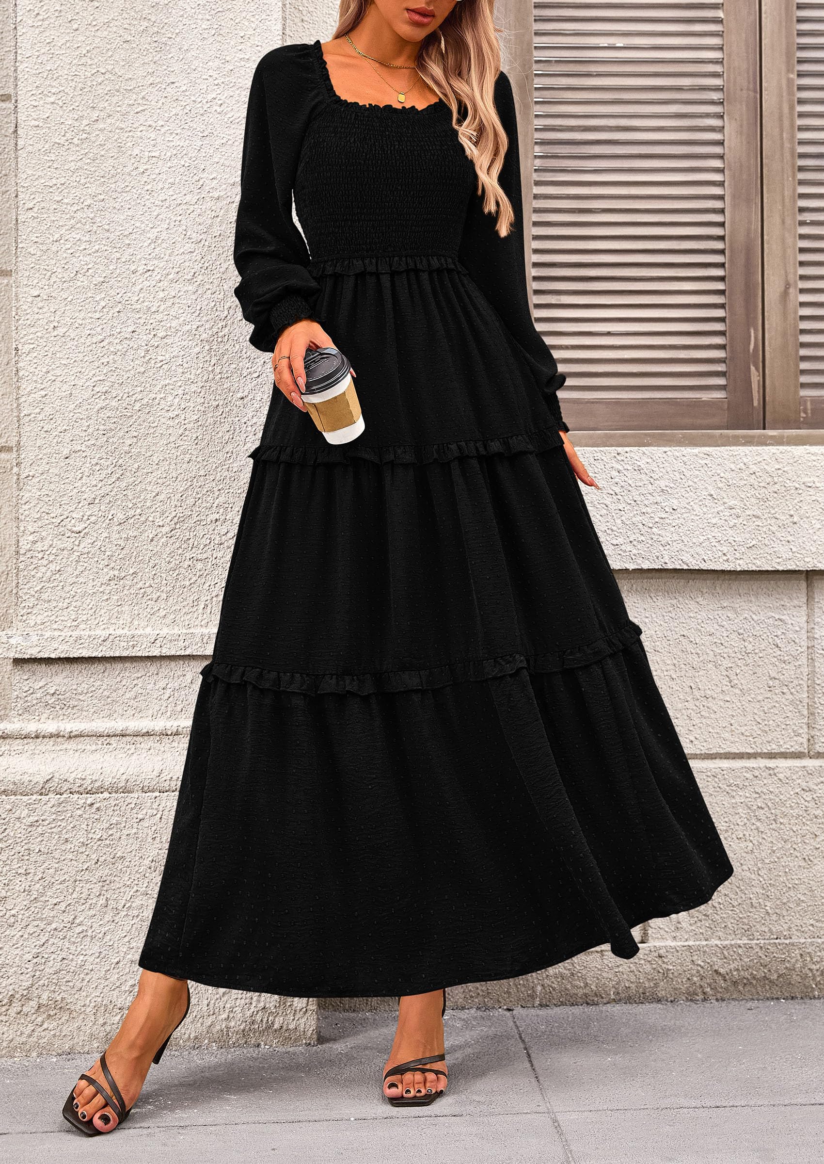 PRETTYGARDEN Women Fall Long Sleeve Smocked Maxi Dress Casual Square Neck Swiss Dot Tiered Ruffle Flowy Spring Pocket Dresses - Image 32