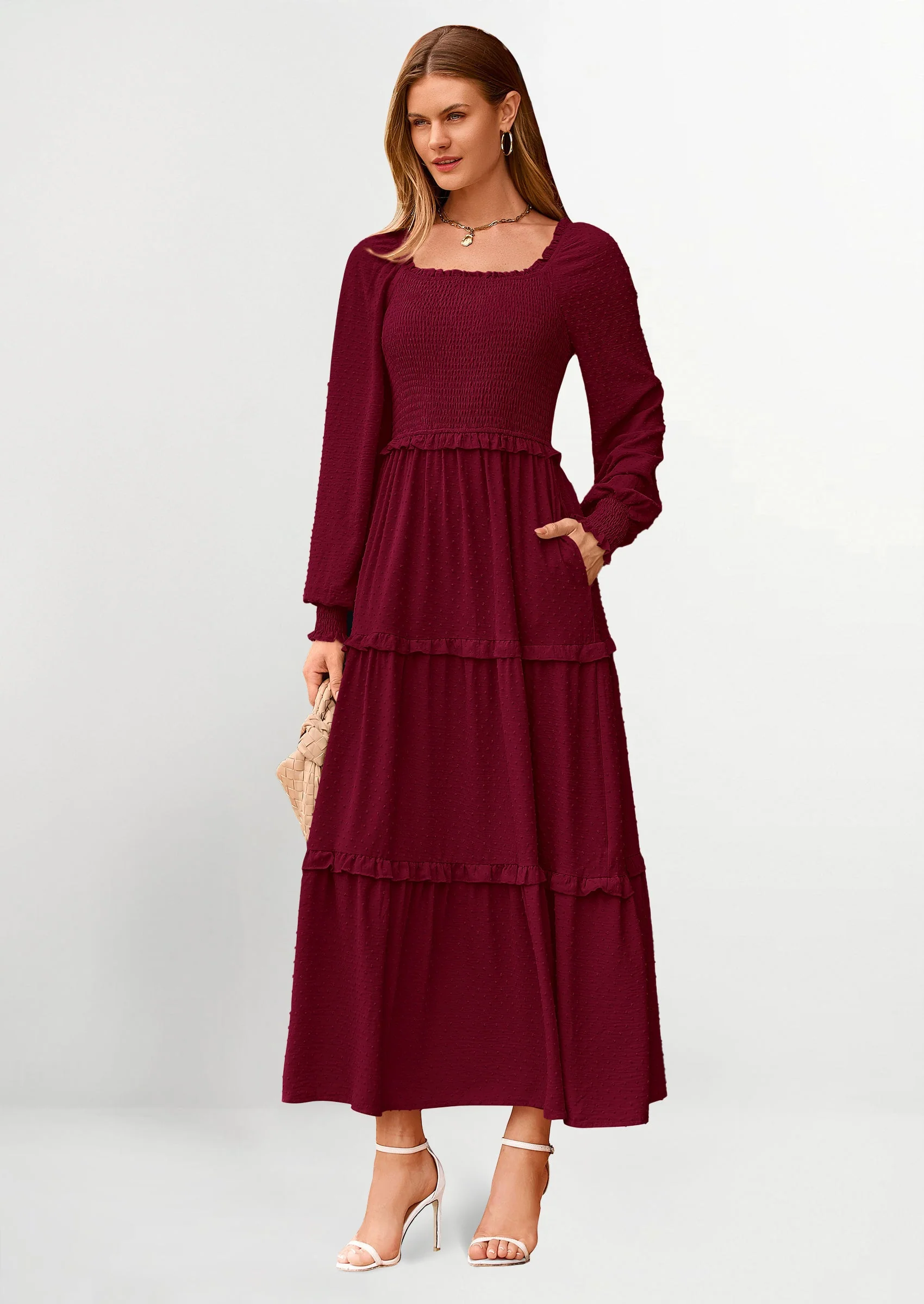 PRETTYGARDEN Women Fall Long Sleeve Smocked Maxi Dress Casual Square Neck Swiss Dot Tiered Ruffle Flowy Spring Pocket Dresses - Image 34