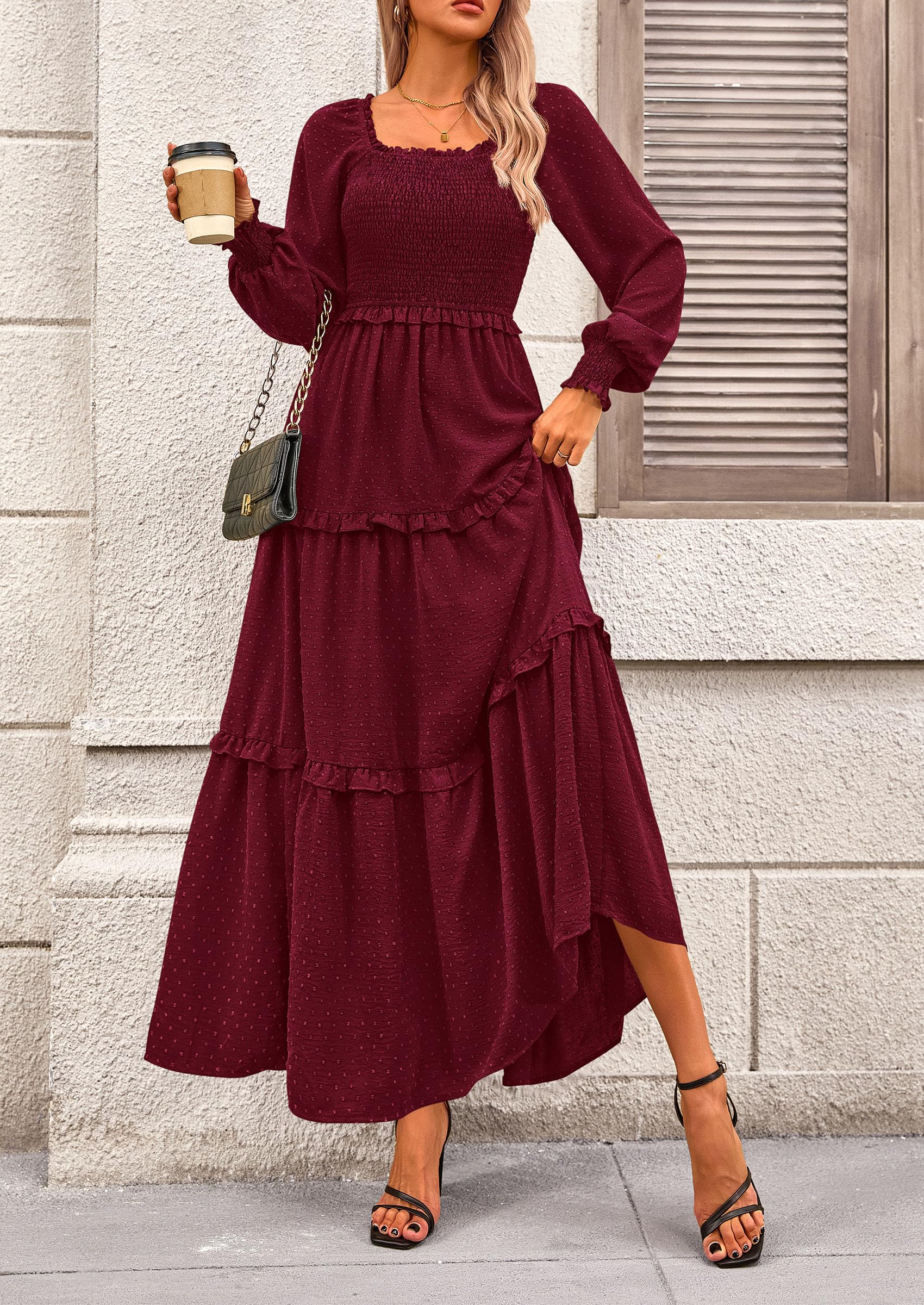 PRETTYGARDEN Women Fall Long Sleeve Smocked Maxi Dress Casual Square Neck Swiss Dot Tiered Ruffle Flowy Spring Pocket Dresses - Image 36