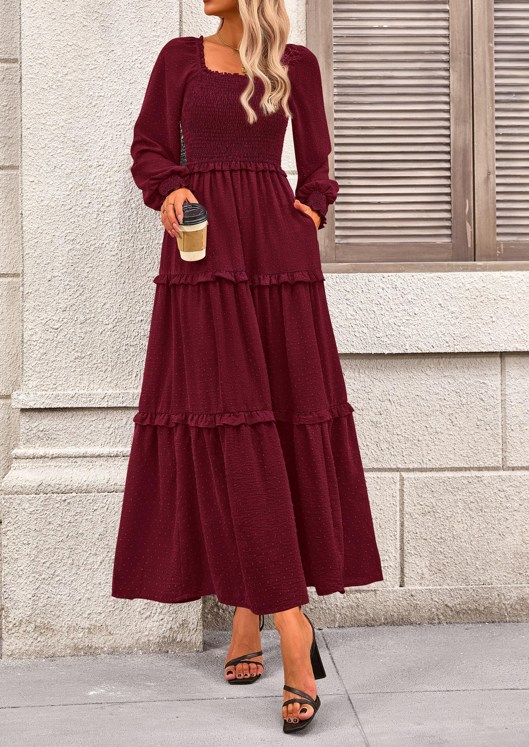 PRETTYGARDEN Women Fall Long Sleeve Smocked Maxi Dress Casual Square Neck Swiss Dot Tiered Ruffle Flowy Spring Pocket Dresses - Image 38