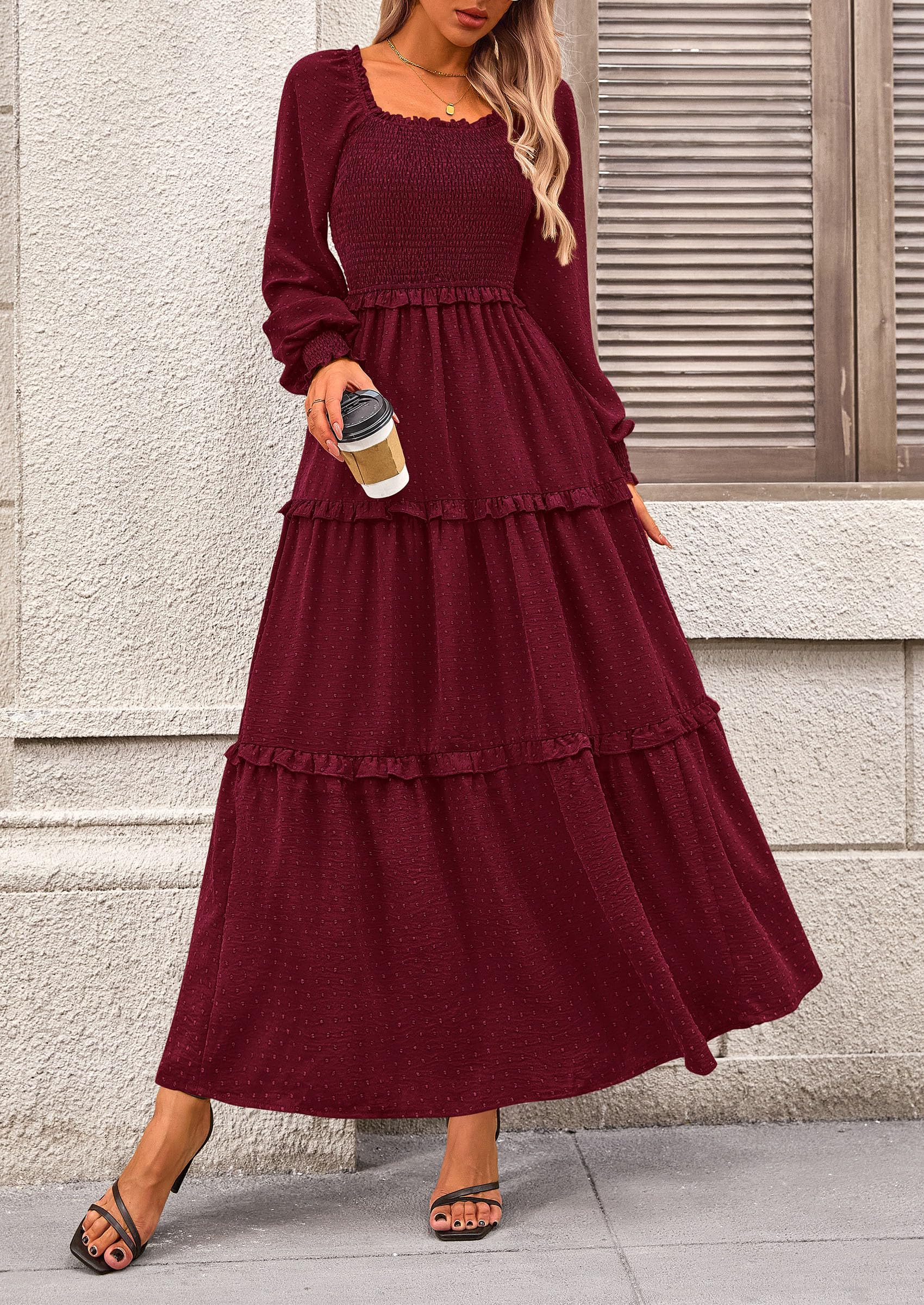 PRETTYGARDEN Women Fall Long Sleeve Smocked Maxi Dress Casual Square Neck Swiss Dot Tiered Ruffle Flowy Spring Pocket Dresses - Image 39
