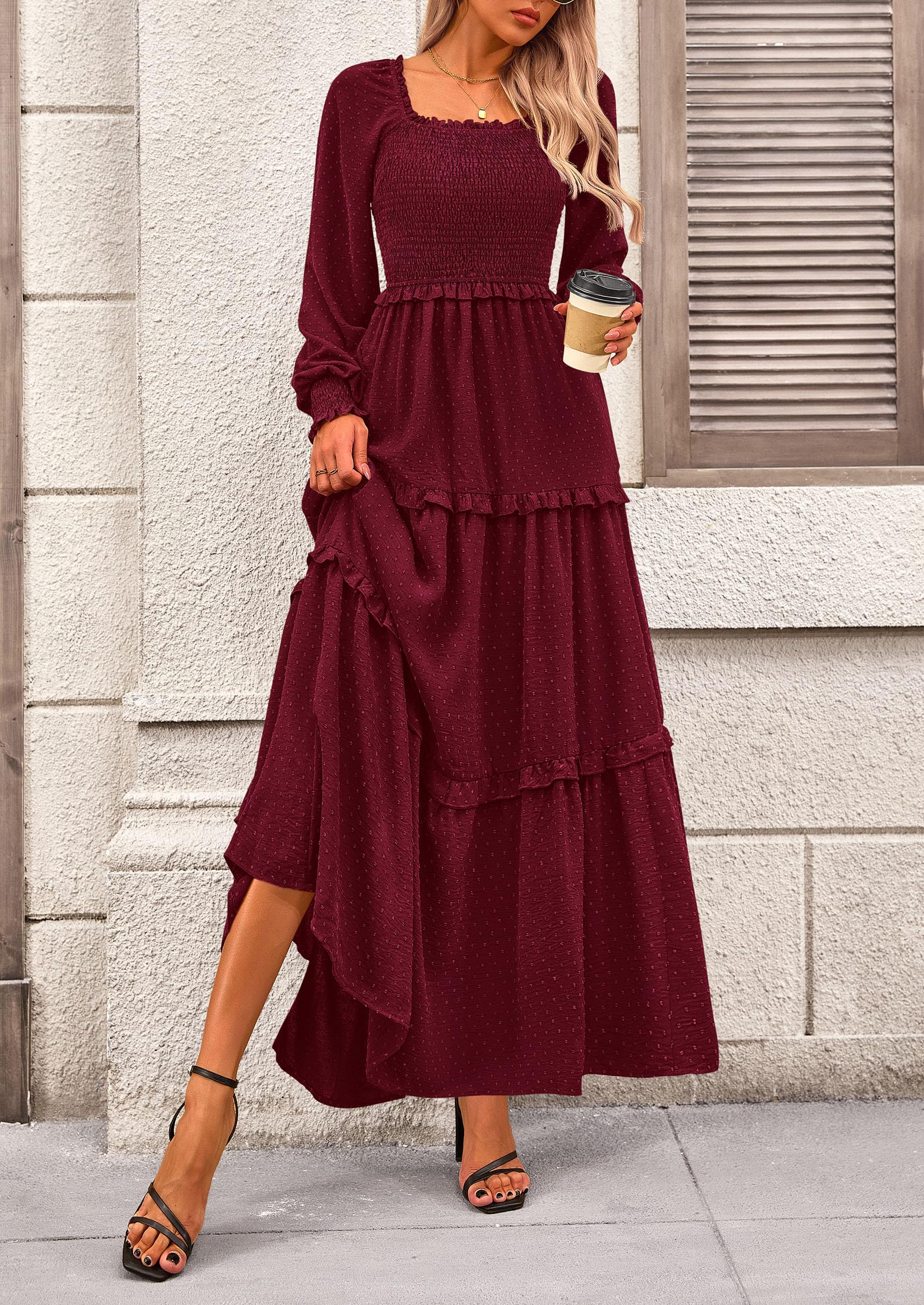 PRETTYGARDEN Women Fall Long Sleeve Smocked Maxi Dress Casual Square Neck Swiss Dot Tiered Ruffle Flowy Spring Pocket Dresses - Image 40