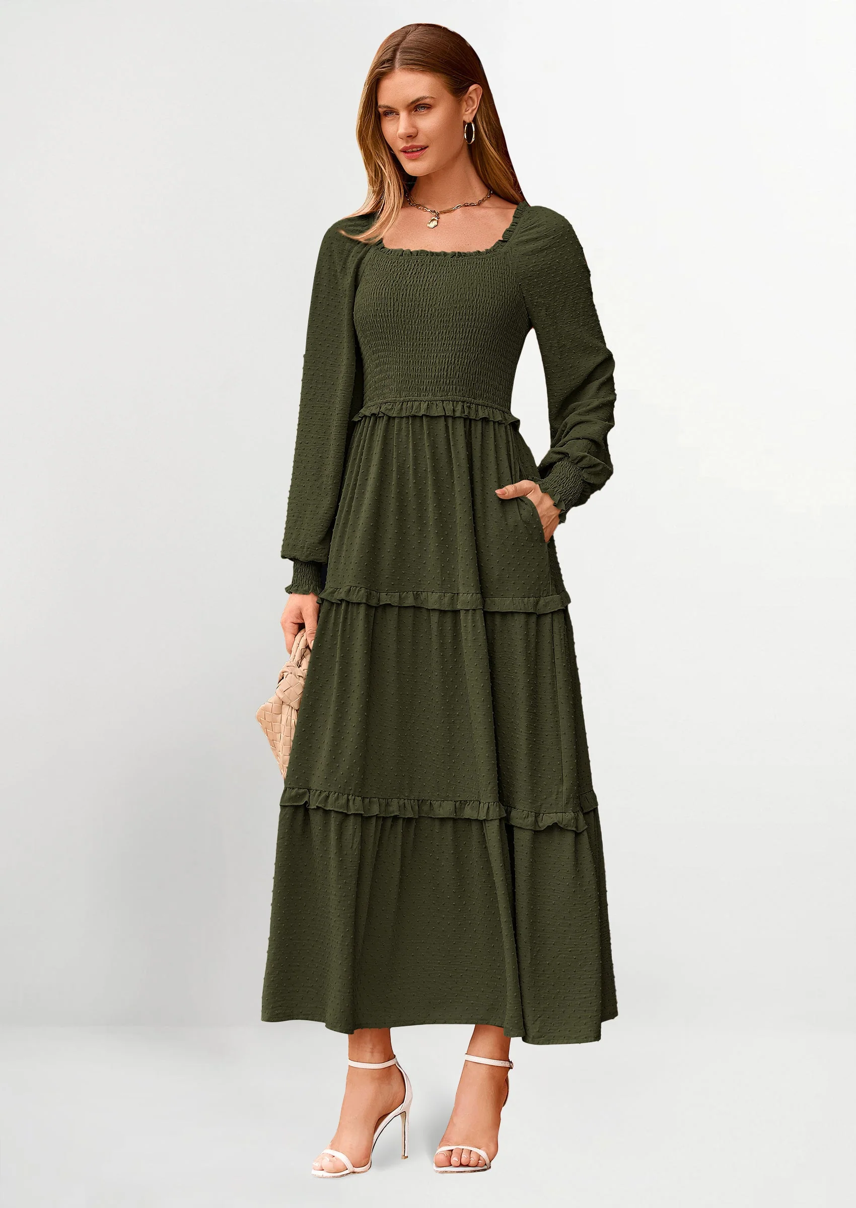 PRETTYGARDEN Women Fall Long Sleeve Smocked Maxi Dress Casual Square Neck Swiss Dot Tiered Ruffle Flowy Spring Pocket Dresses - Image 42